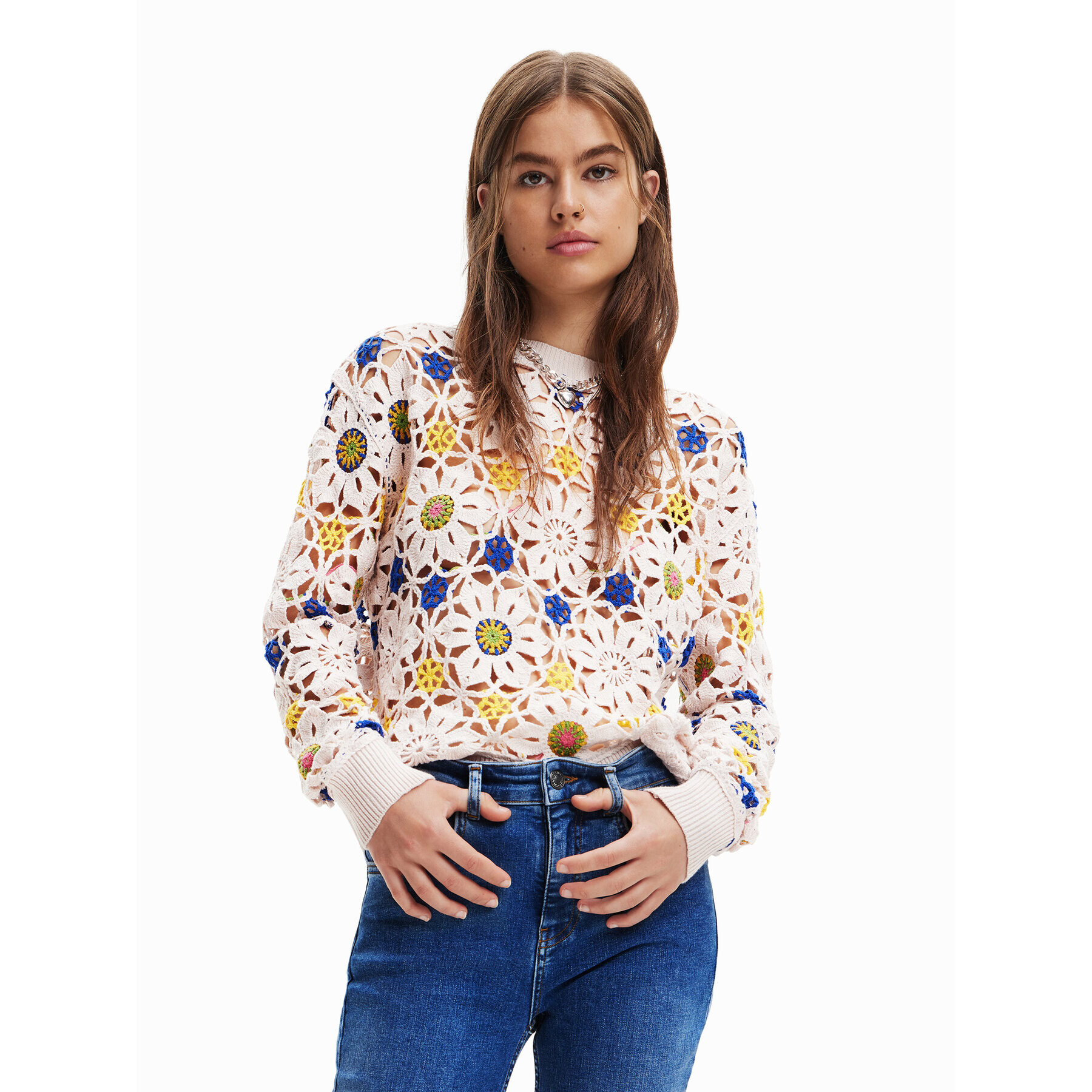 Desigual Пуловер Daisies 23SWJF03 Бежов Regular Fit - Pepit.bg