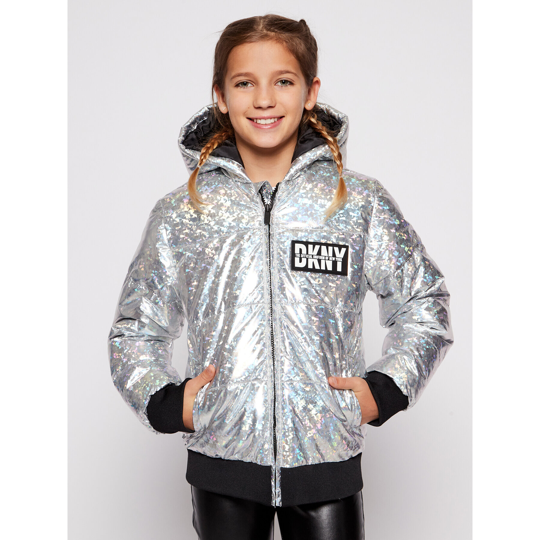 DKNY Пухено яке D36626 S Сребрист Regular Fit - Pepit.bg