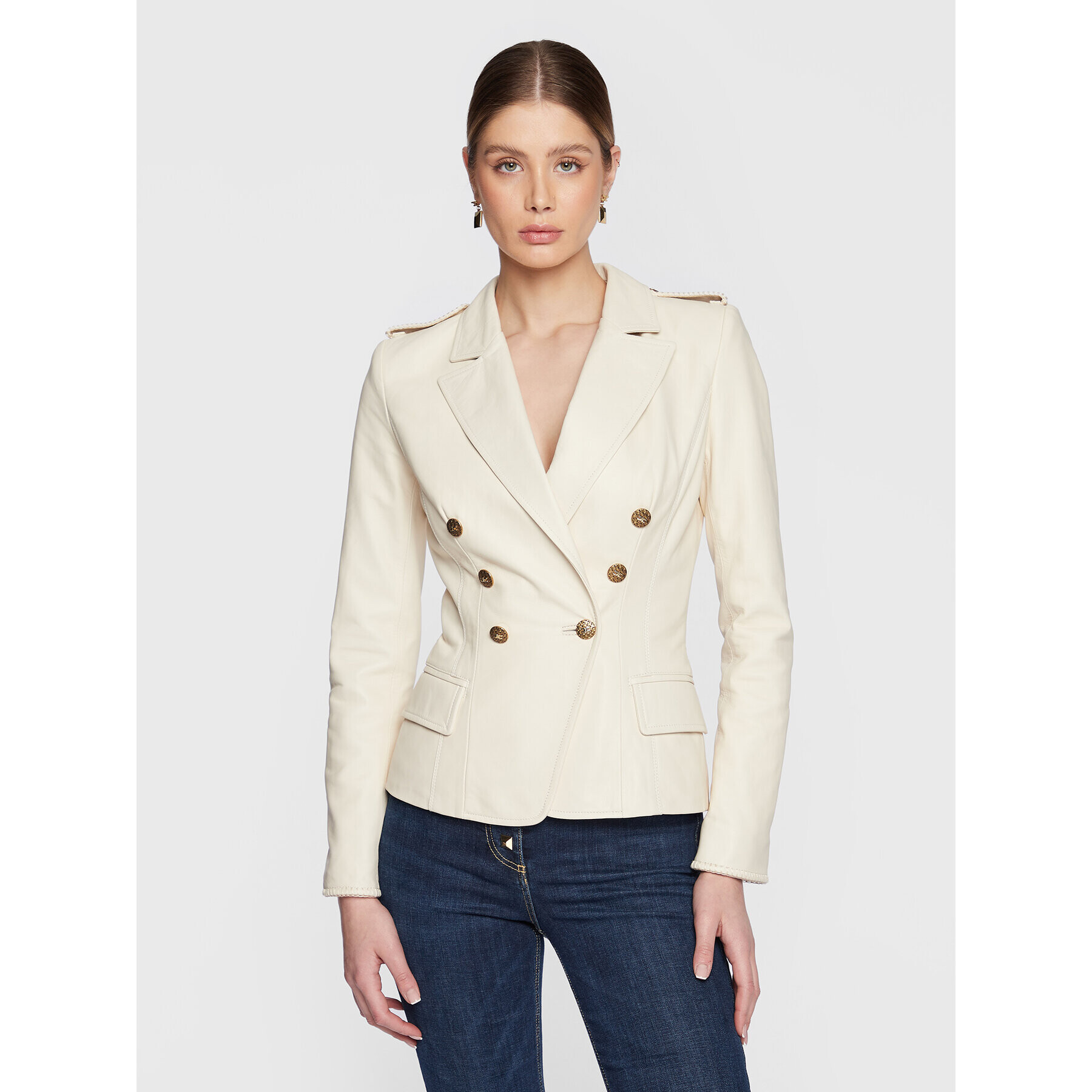 Elisabetta Franchi Кожено яке GD-28Z-31E2-V960 Екрю Slim Fit - Pepit.bg