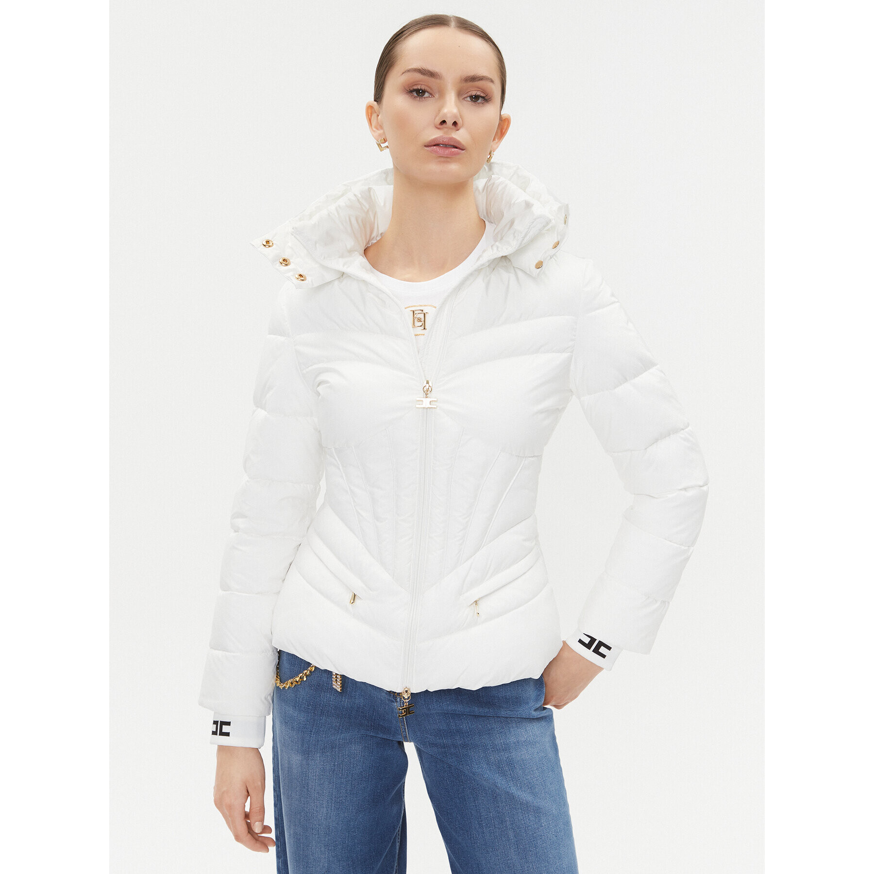Elisabetta Franchi Пухено яке PI-59H-36E2-V590 Бял Regular Fit - Pepit.bg