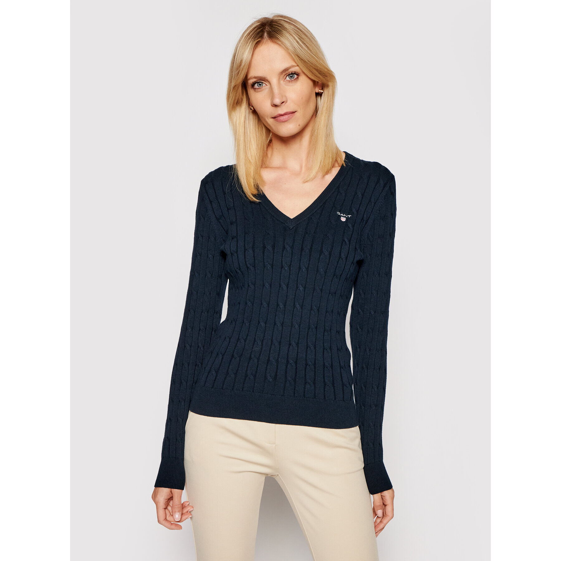 Gant Пуловер Stretch Cable 480022 Тъмносин Slim Fit - Pepit.bg