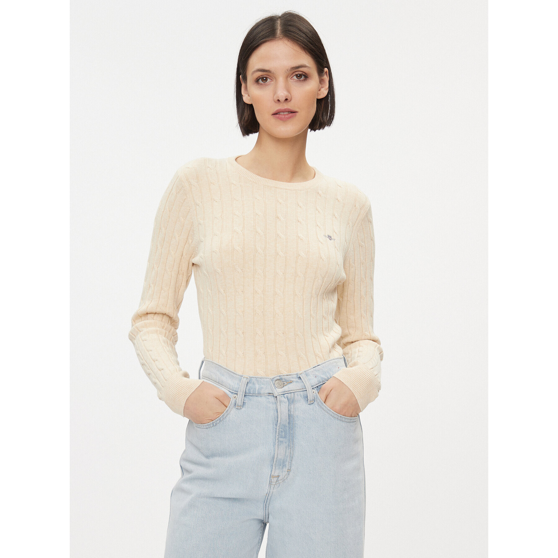 Gant Пуловер Stretch Cotton Cable C-Neck 4800100 Екрю Slim Fit - Pepit.bg