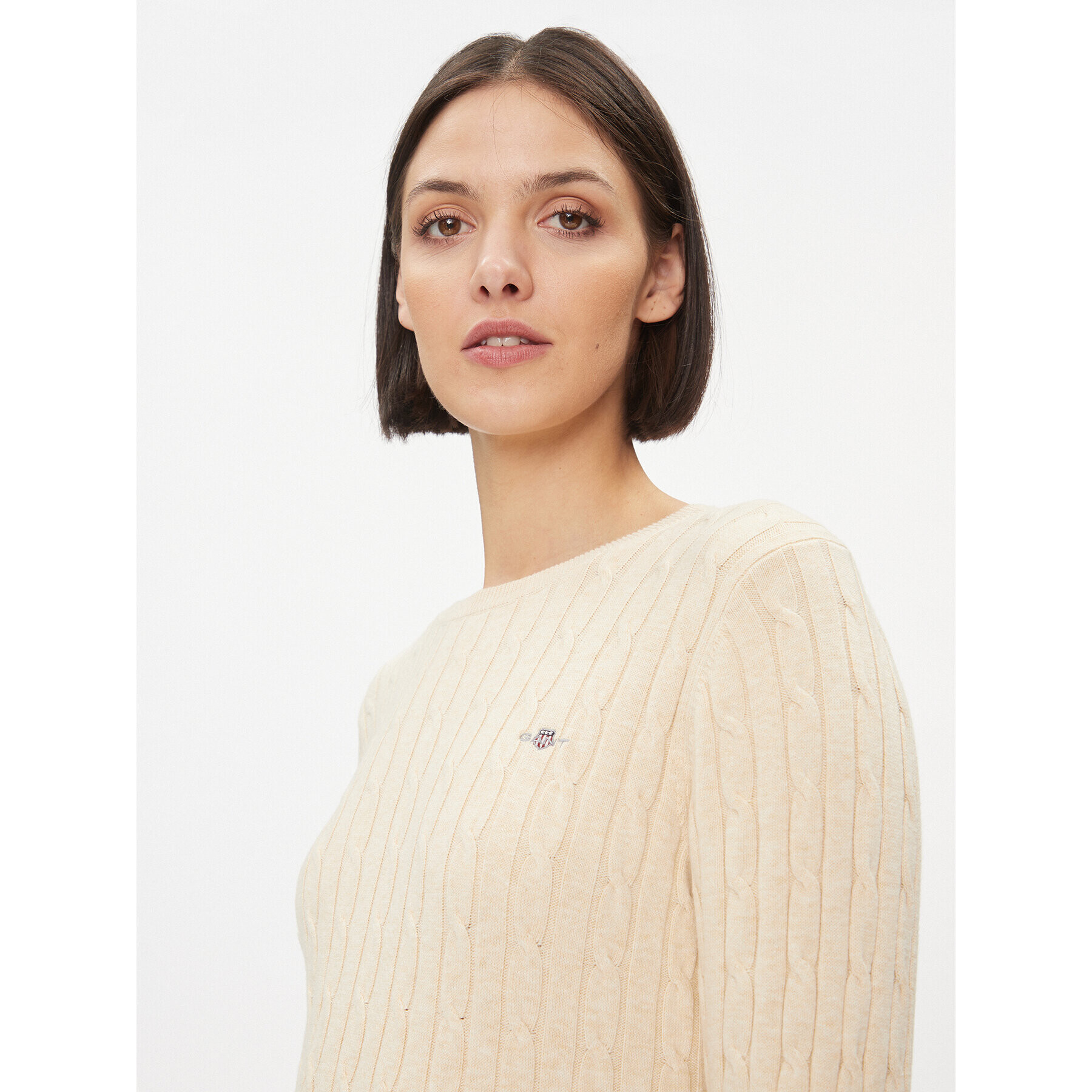Gant Пуловер Stretch Cotton Cable C-Neck 4800100 Екрю Slim Fit - Pepit.bg