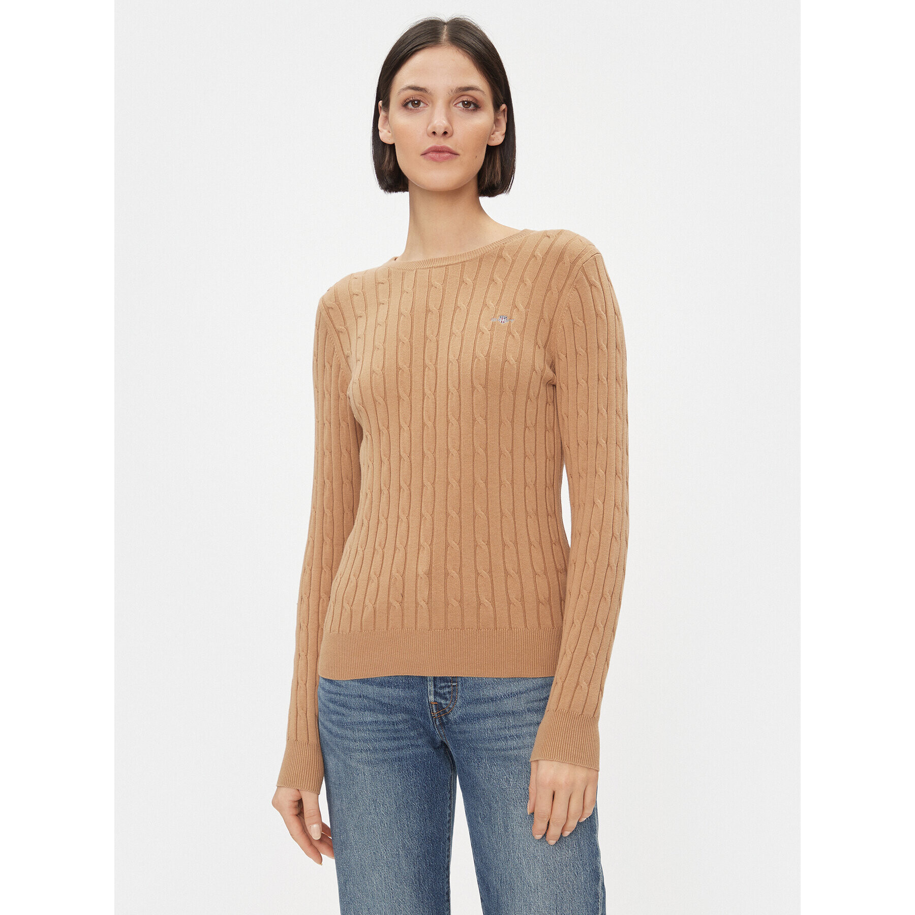 Gant Пуловер Stretch Cotton Cable C-Neck 4800100 Каки Slim Fit - Pepit.bg