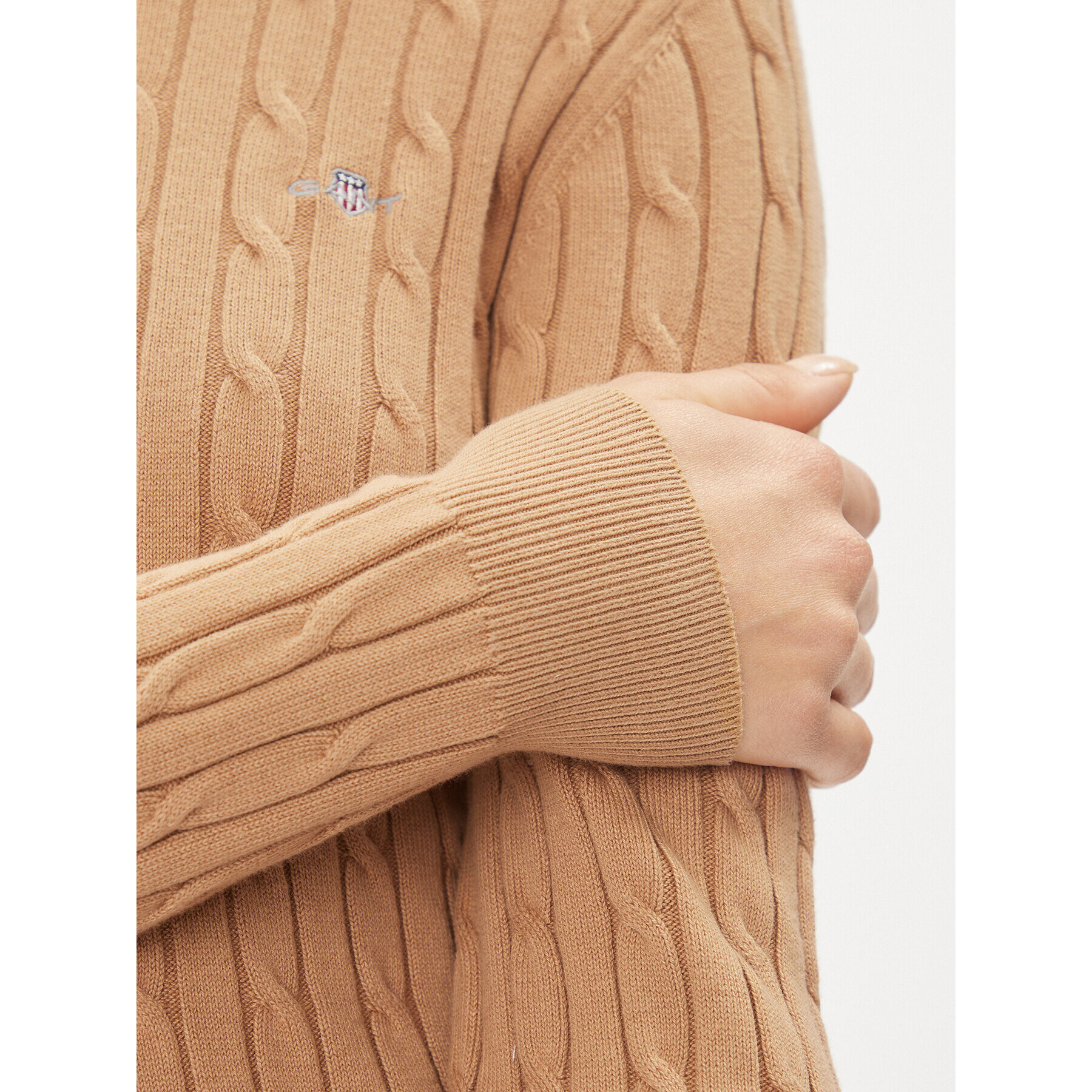 Gant Пуловер Stretch Cotton Cable C-Neck 4800100 Каки Slim Fit - Pepit.bg
