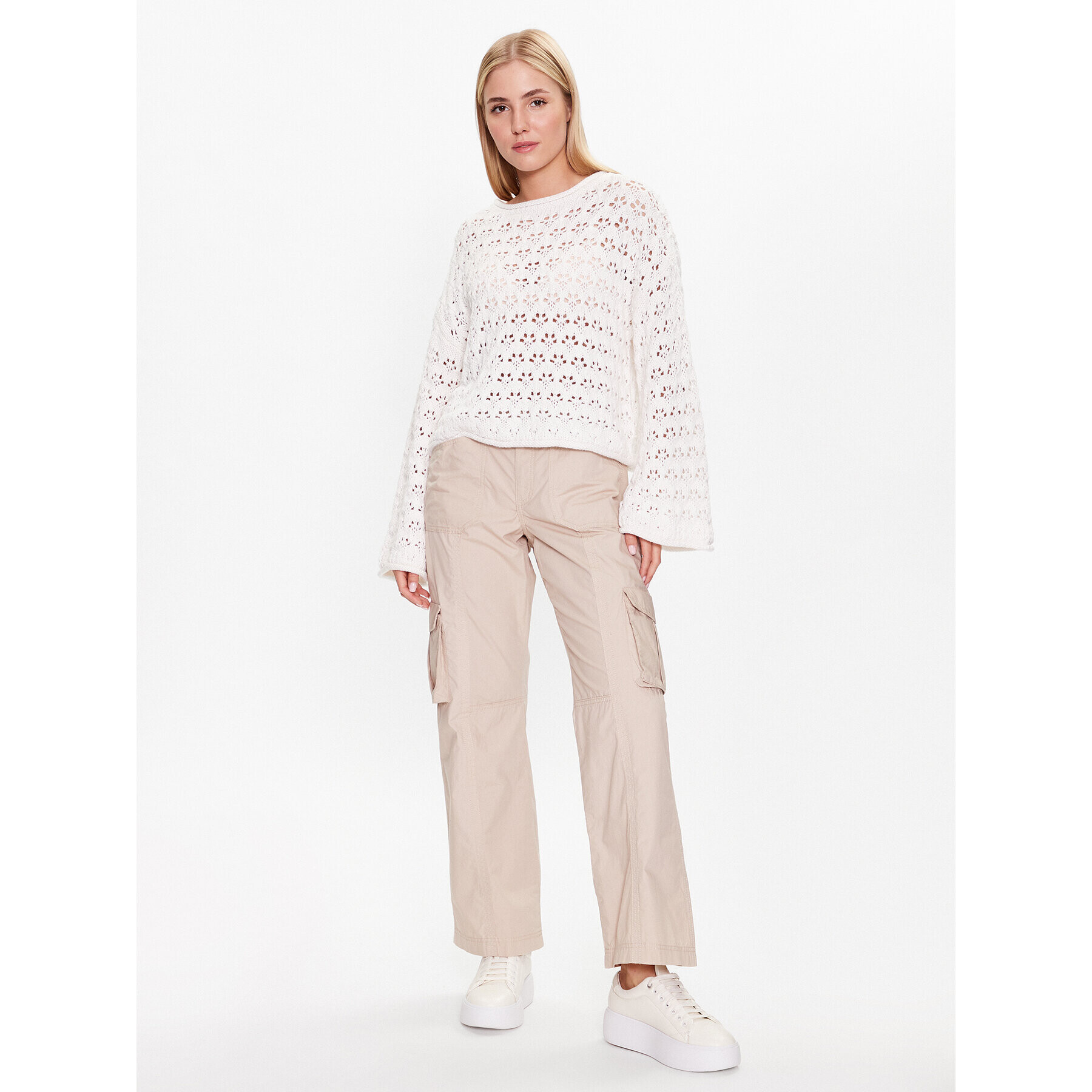 Gina Tricot Пуловер Knitted openwork sweater 19466 Бял Regular Fit - Pepit.bg