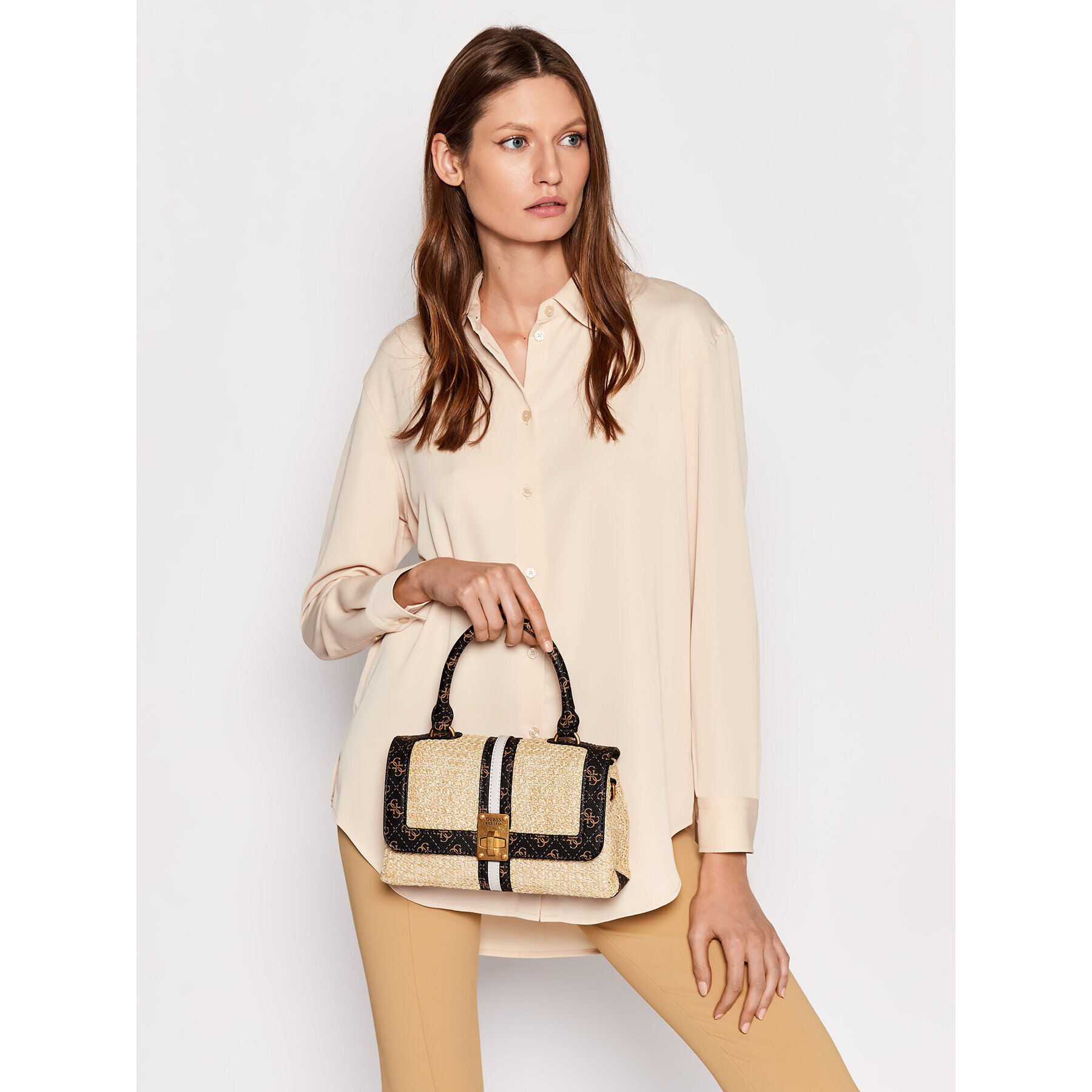 Guess Дамска чанта Kasinta Raffia Top Handle Flap HWSB84 17200 Бежов - Pepit.bg