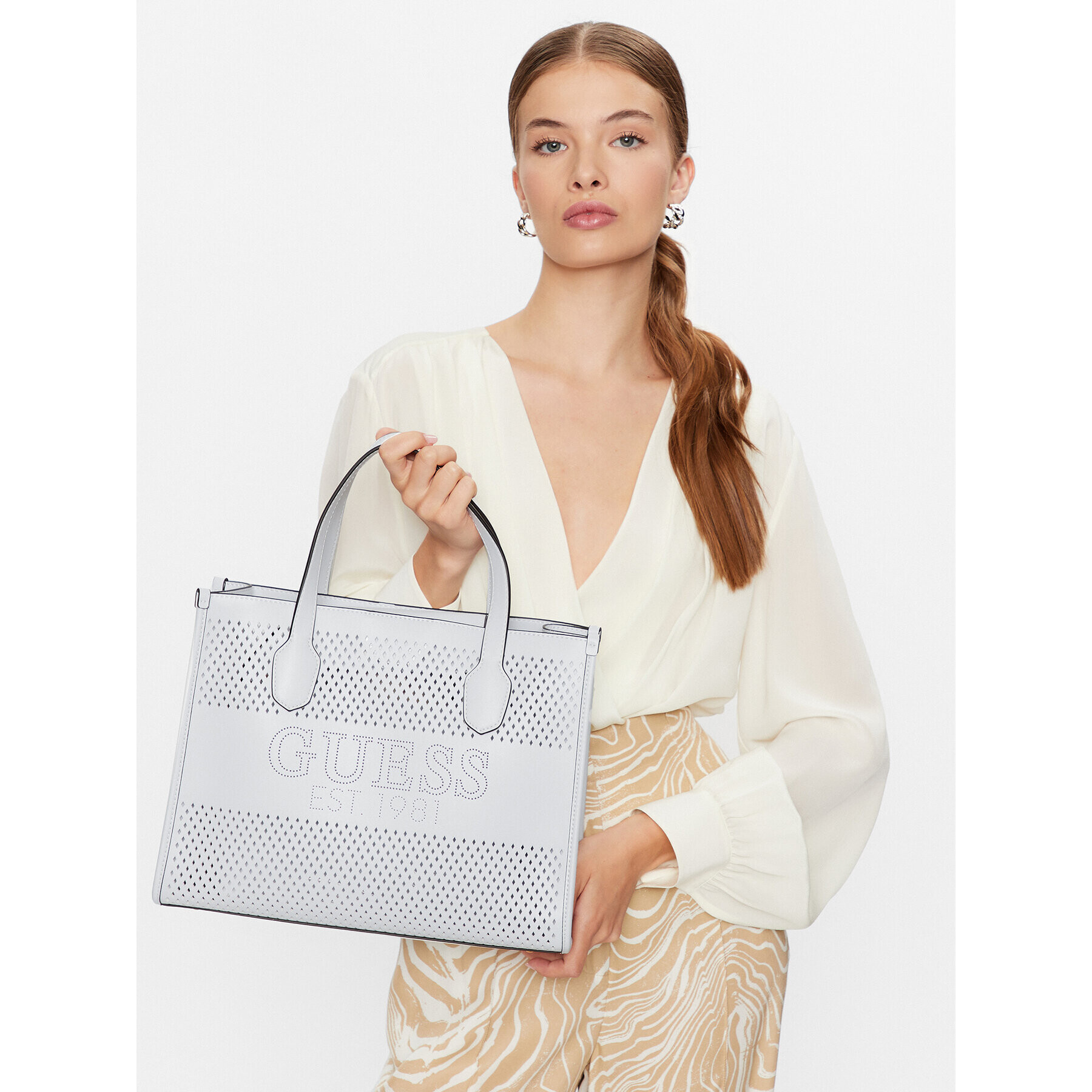 Guess Дамска чанта Katey Perf (WH) HWWH87 69220 Бял - Pepit.bg