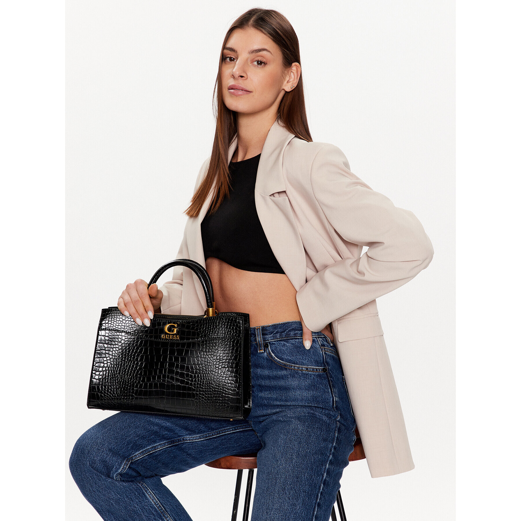 Guess Дамска чанта Nell Croc (CB) HWCB87 36060 Черен - Pepit.bg