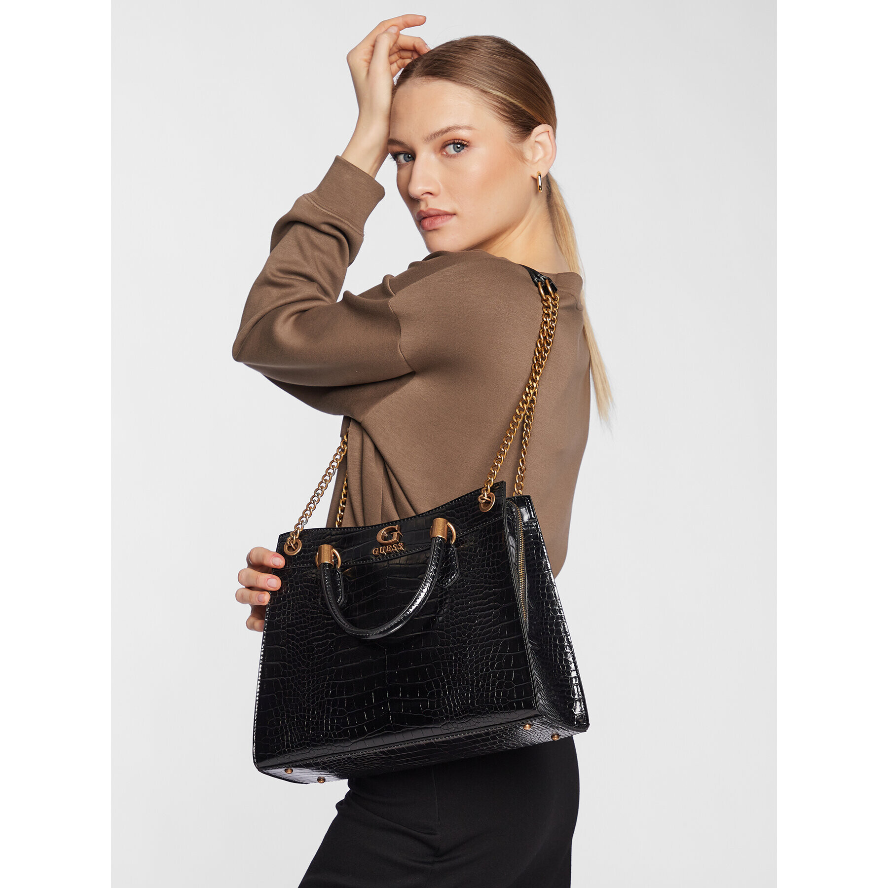 Guess Дамска чанта Nell Croc (CB) HWCB87 36070 Черен - Pepit.bg