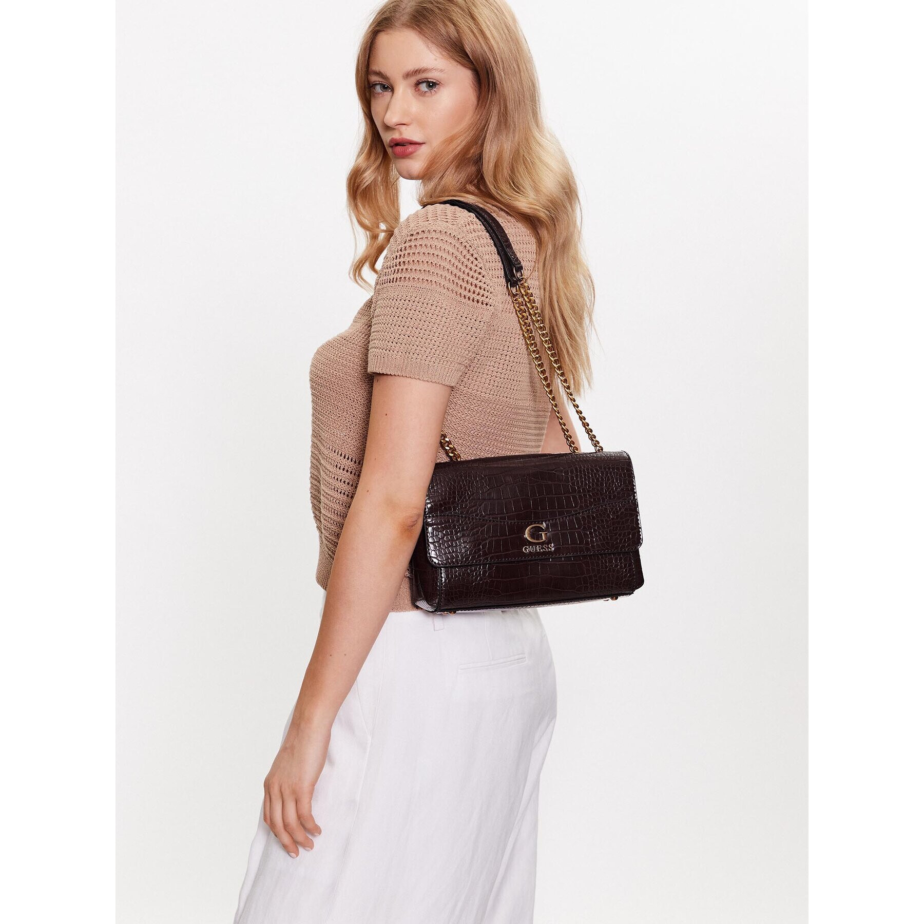 Guess Дамска чанта Nell Croc (CB) HWCB87 36210 Кафяв - Pepit.bg