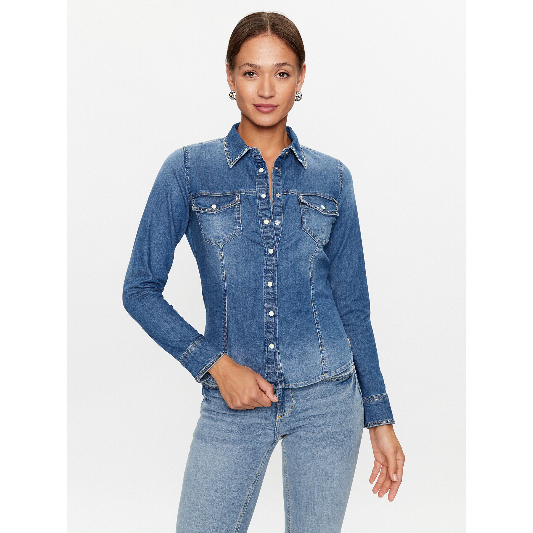 Guess дънкова риза W3YH05 D3YR5 Син Slim Fit - Pepit.bg