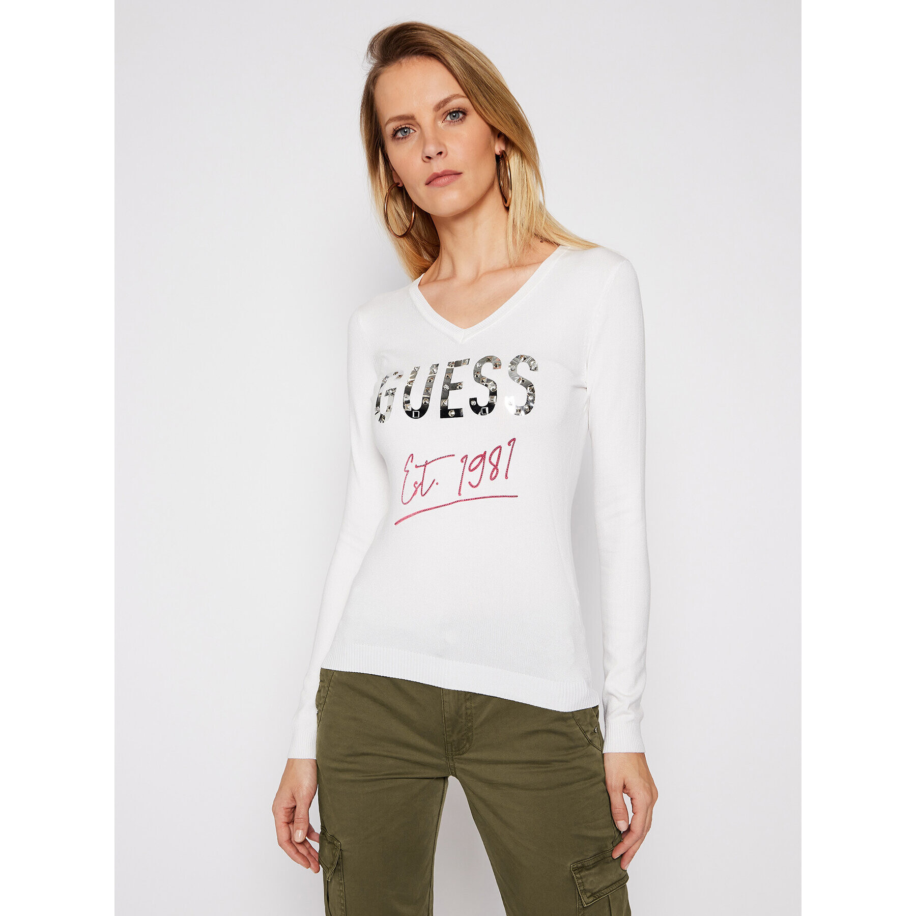 Guess Пуловер Angeline W1RR0C Z2NQ0 Бял Regular Fit - Pepit.bg