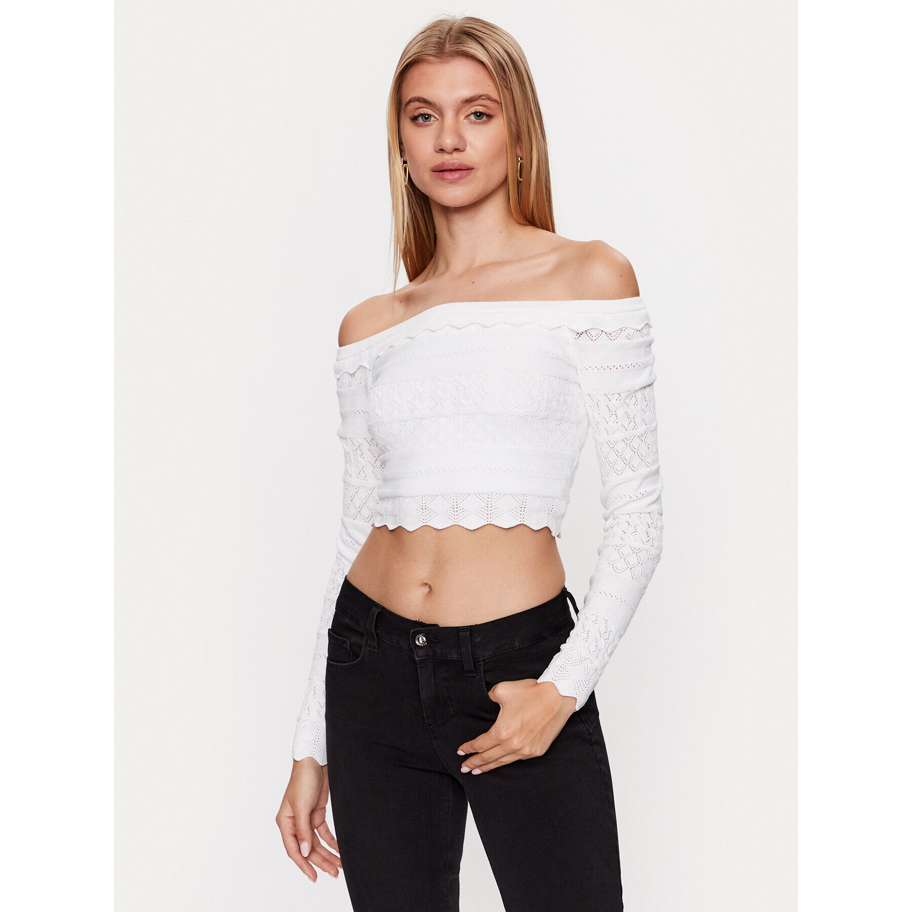 Guess Пуловер Pointelle Deeta W3GR11 Z36H2 Бял Regular Fit - Pepit.bg