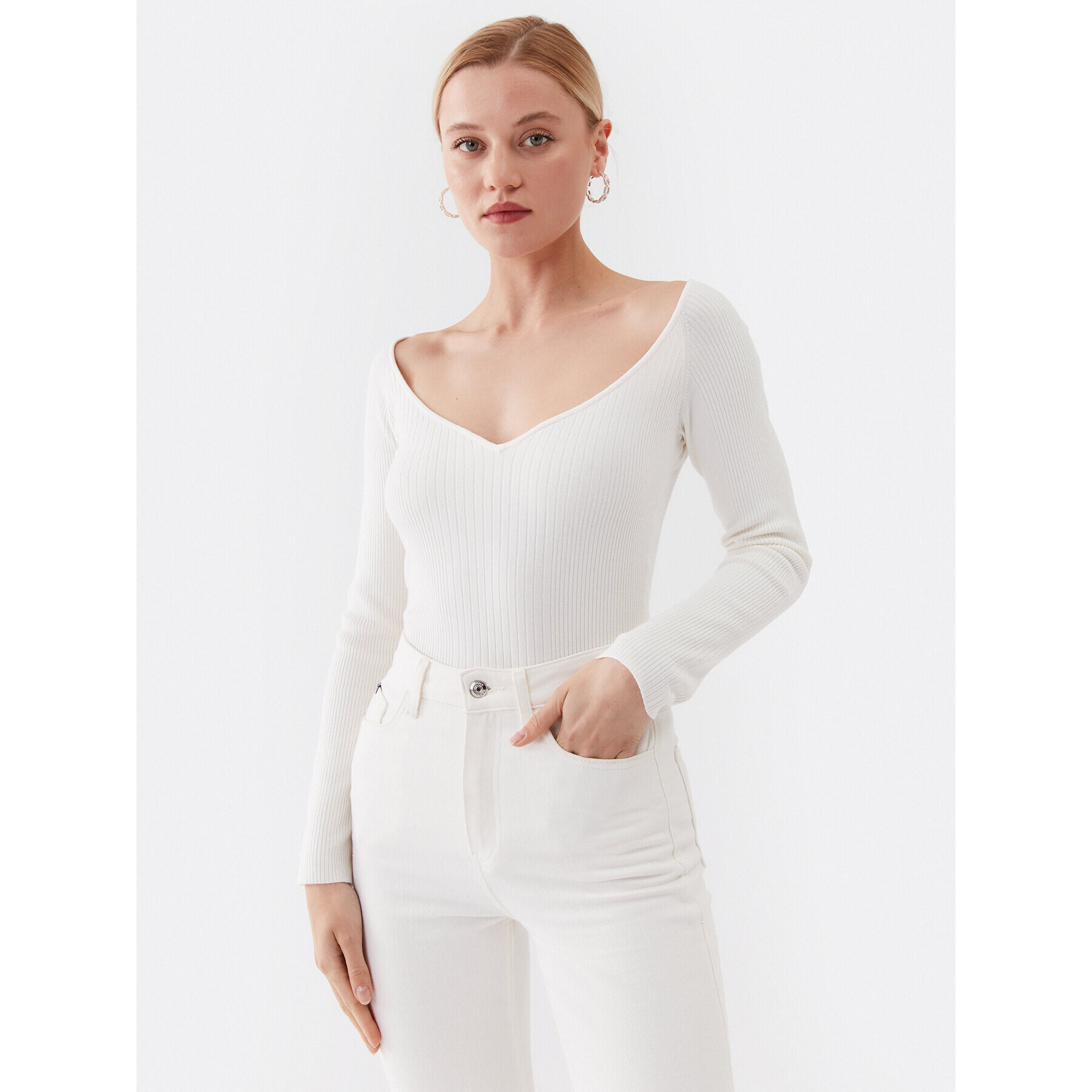 Guess Пуловер W3YR25 Z37J2 Екрю Slim Fit - Pepit.bg