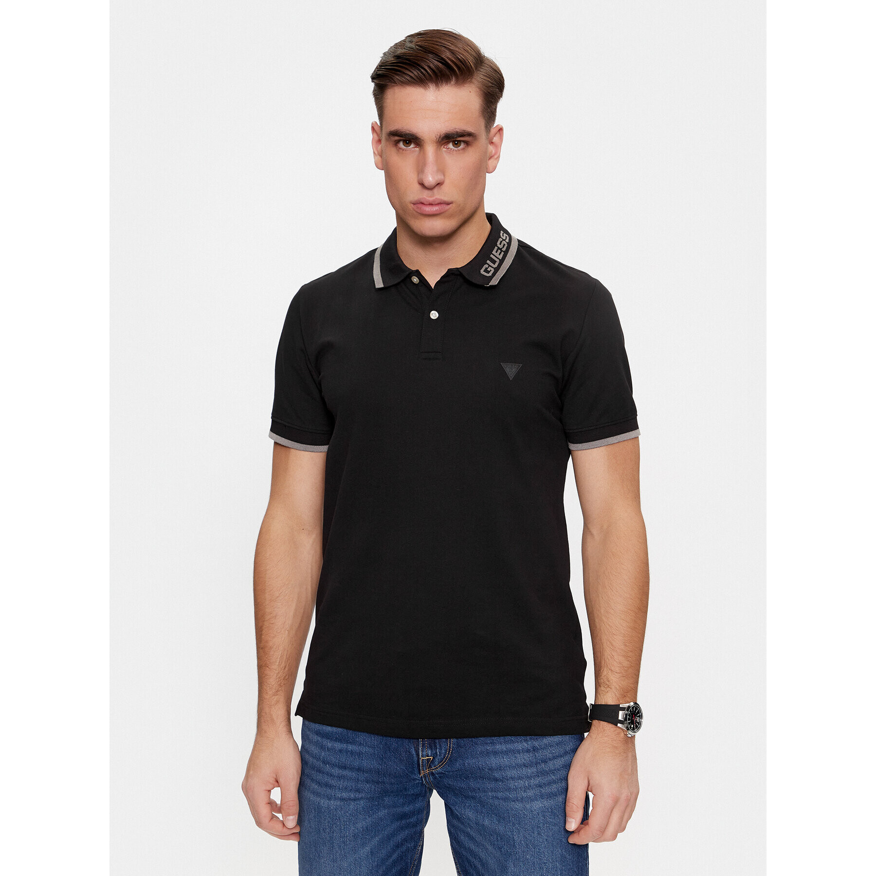 Guess Тениска с яка и копчета Lyle M4RP60 K7O64 Черен Slim Fit - Pepit.bg