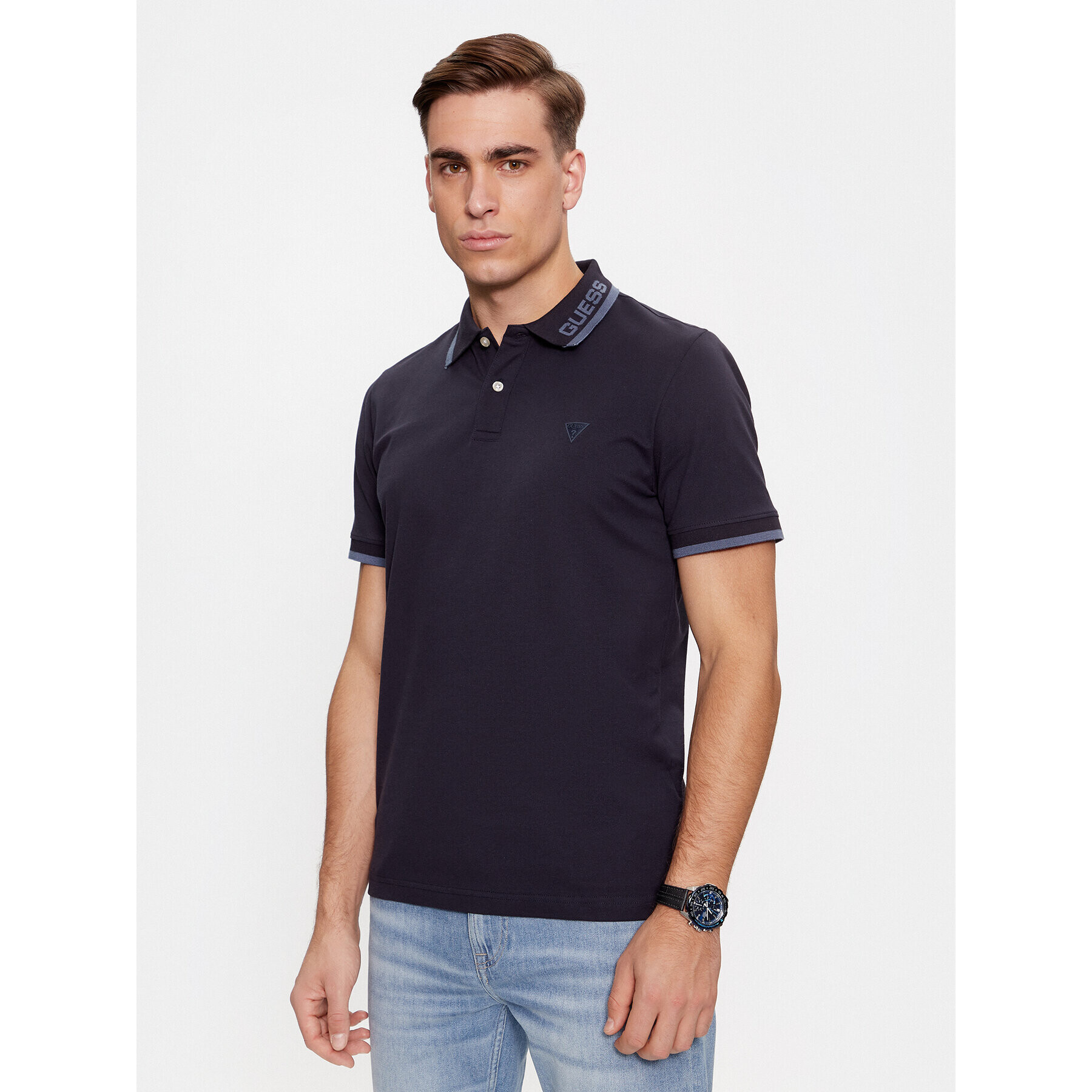 Guess Тениска с яка и копчета Lyle M4RP60 K7O64 Син Slim Fit - Pepit.bg