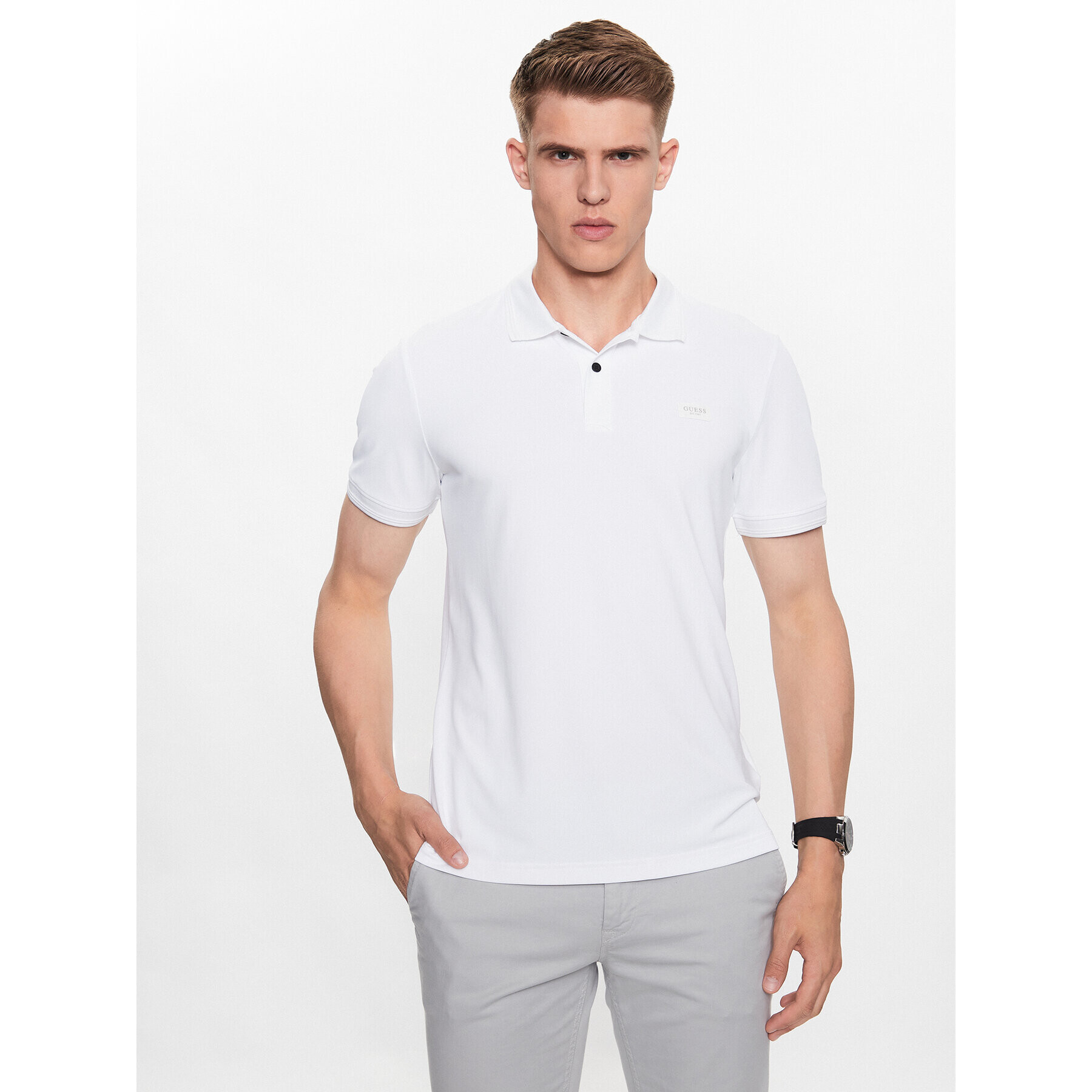 Guess Тениска с яка и копчета M3YP35 KBS60 Бял Slim Fit - Pepit.bg