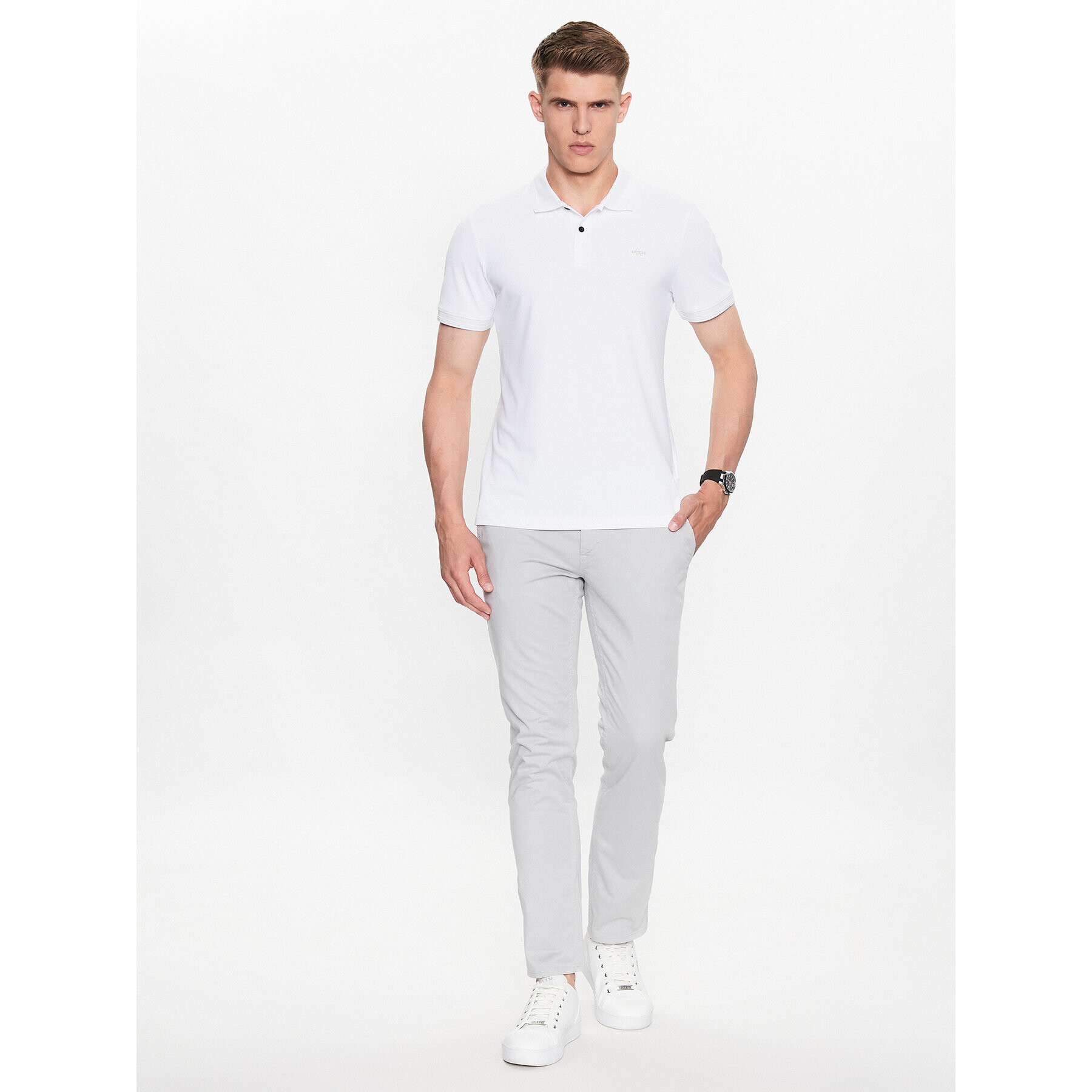 Guess Тениска с яка и копчета M3YP35 KBS60 Бял Slim Fit - Pepit.bg