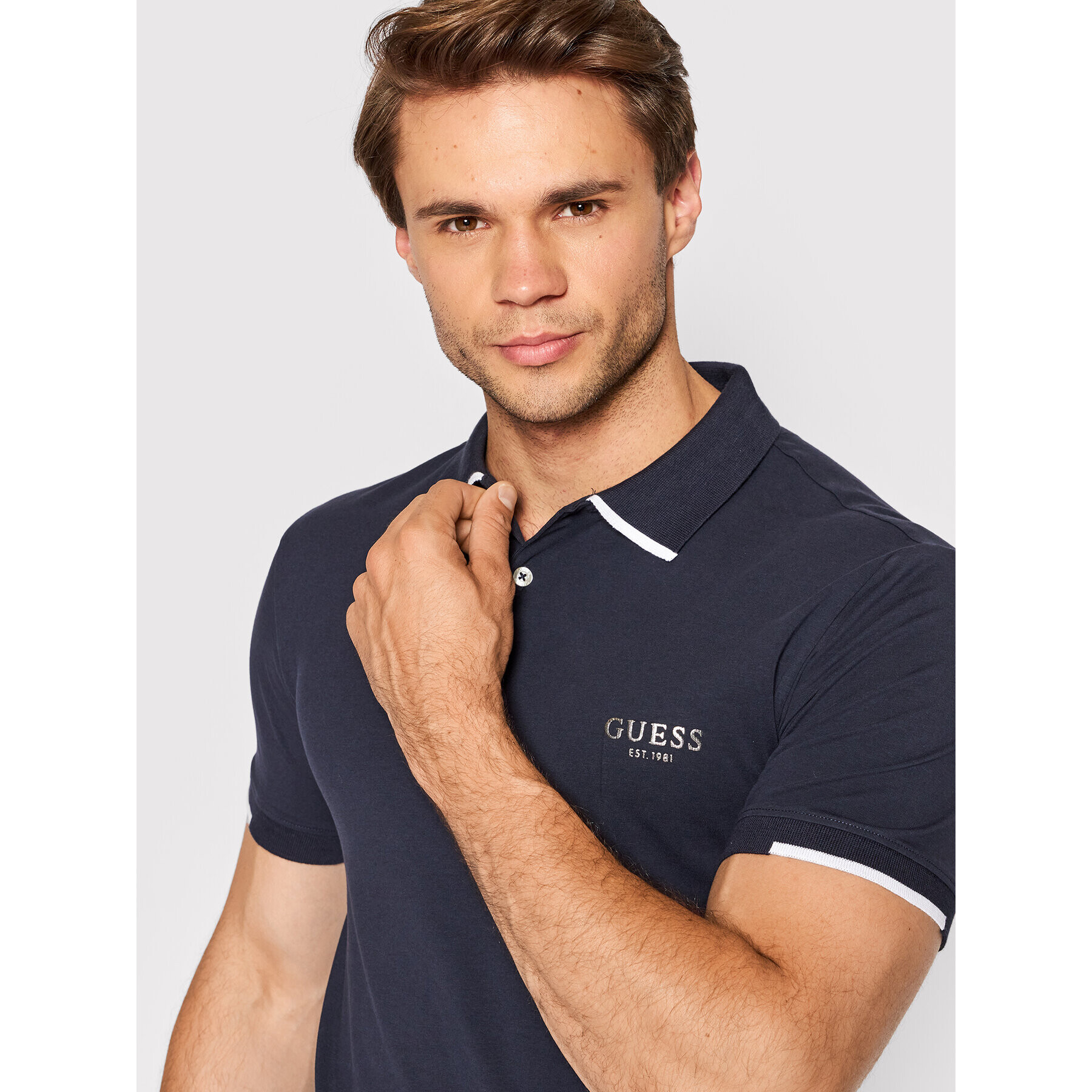 Guess Тениска с яка и копчета Nolan M2YP66 J1311 Тъмносин Extra Slim Fit - Pepit.bg