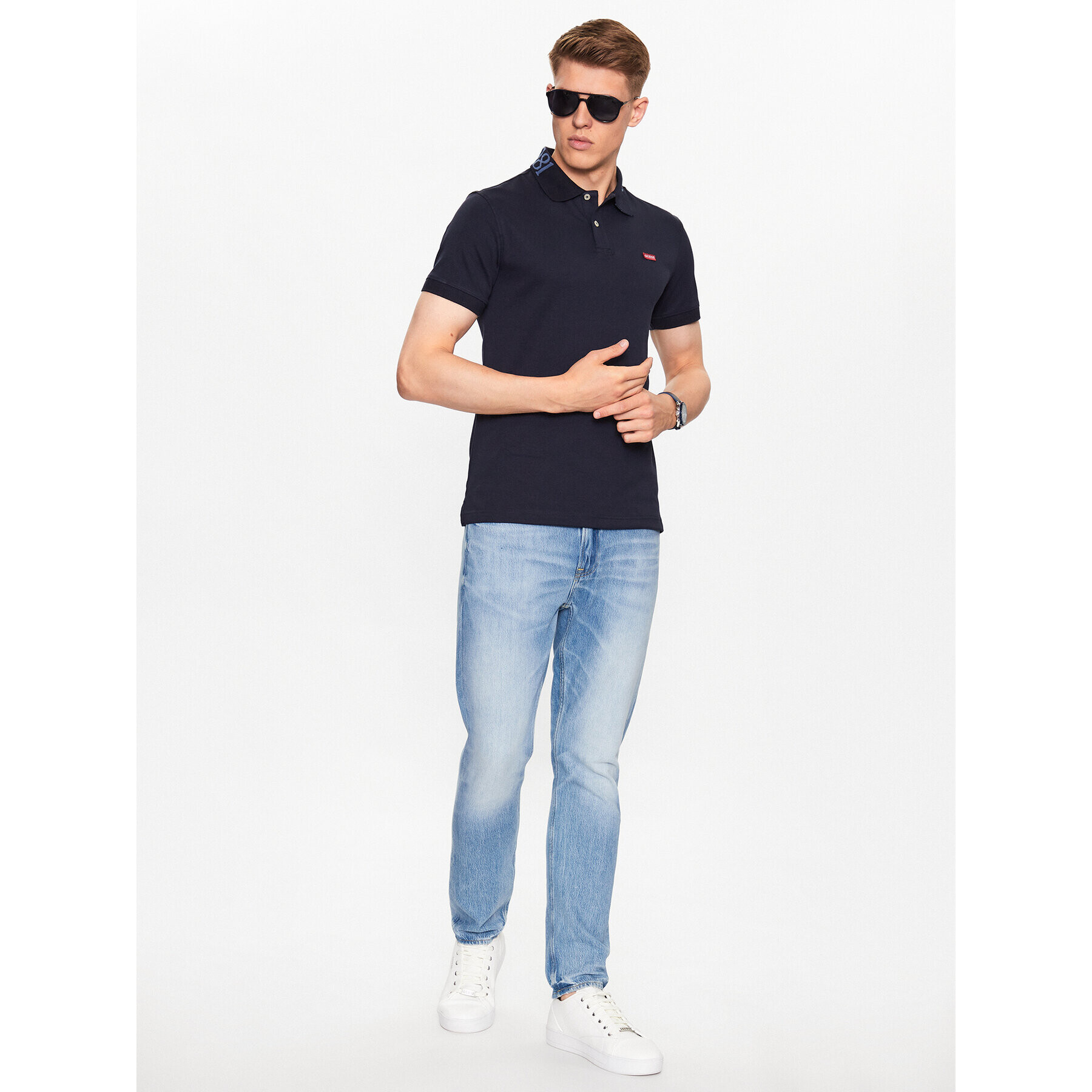 Guess Тениска с яка и копчета Nolan M3YP66 KBL51 Тъмносин Slim Fit - Pepit.bg