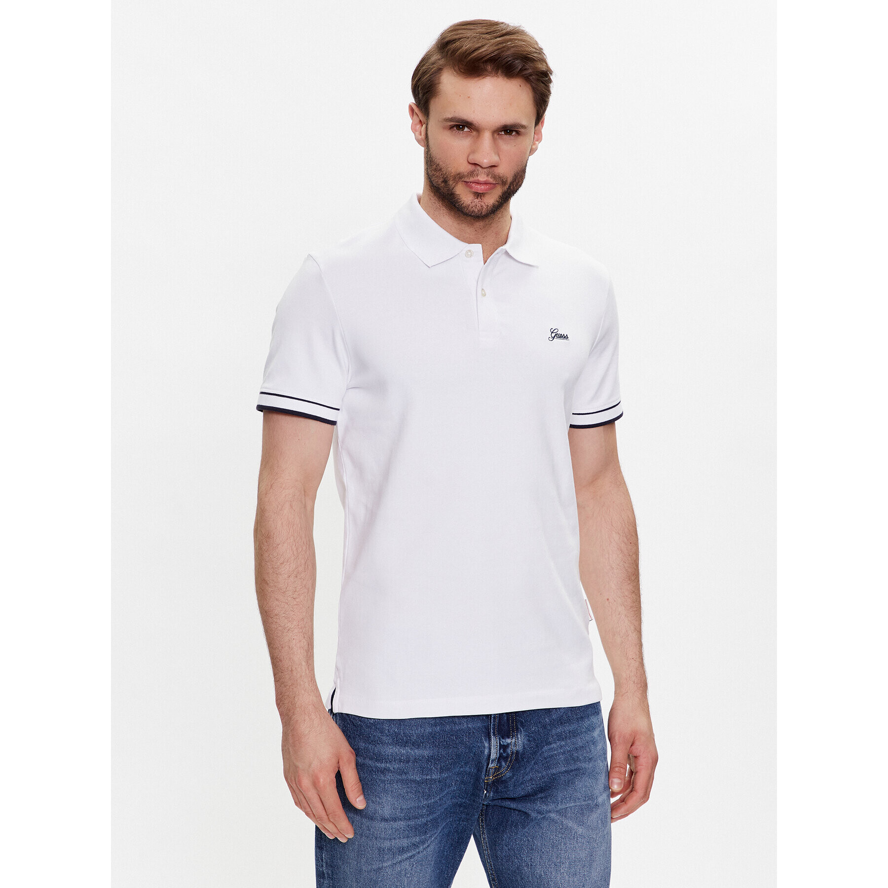 Guess Тениска с яка и копчета Oliver M3GP66 KBL51 Бял Slim Fit - Pepit.bg