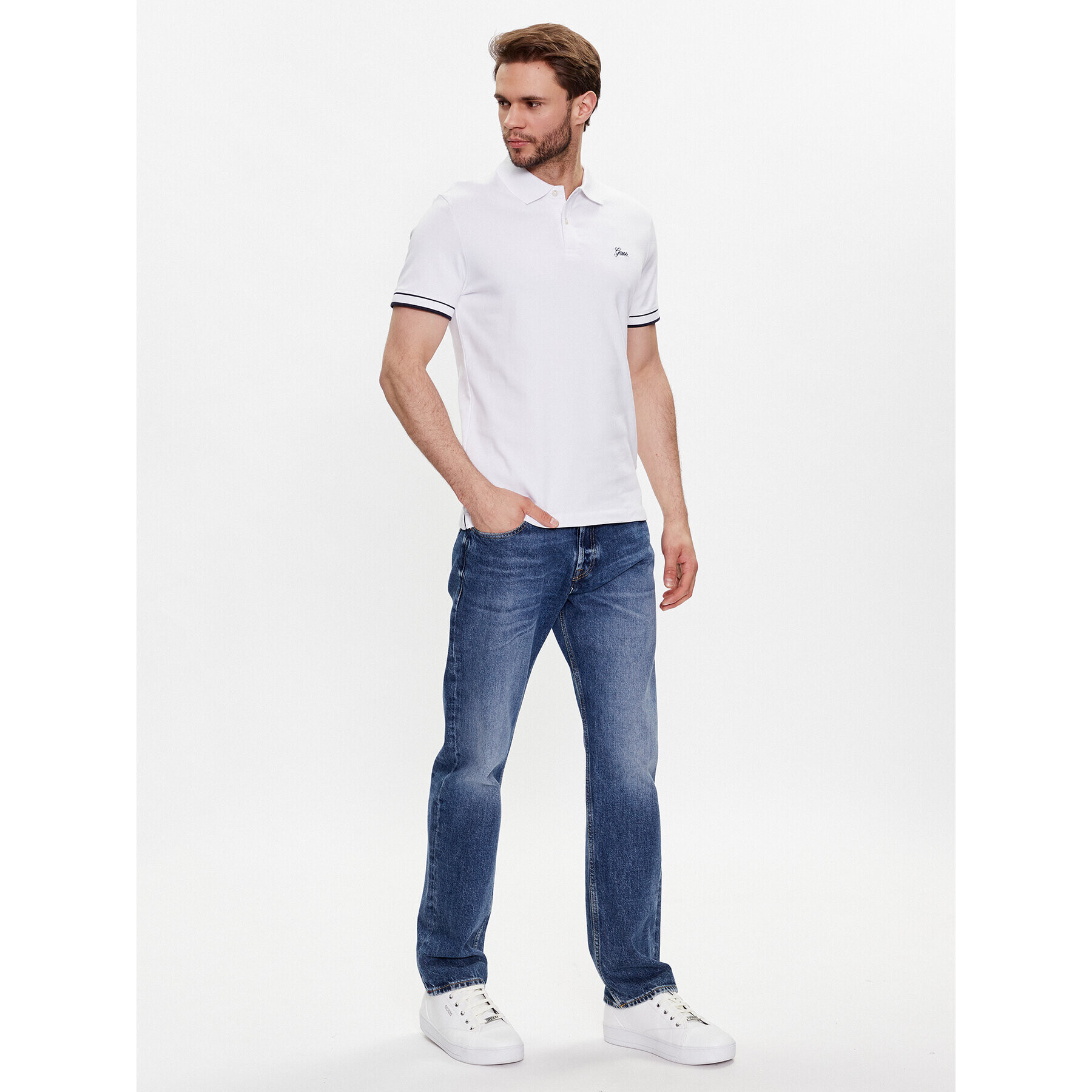 Guess Тениска с яка и копчета Oliver M3GP66 KBL51 Бял Slim Fit - Pepit.bg