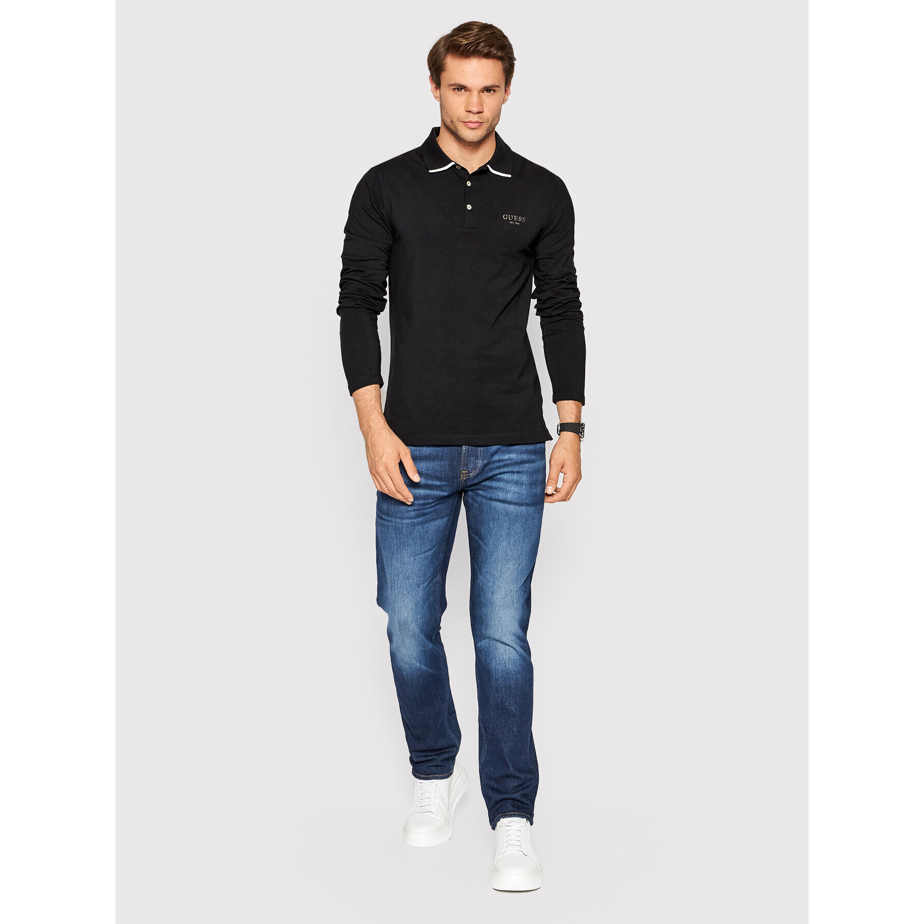 Guess Тениска с яка и копчета M2YP36 J1311 Черен Extra Slim Fit - Pepit.bg