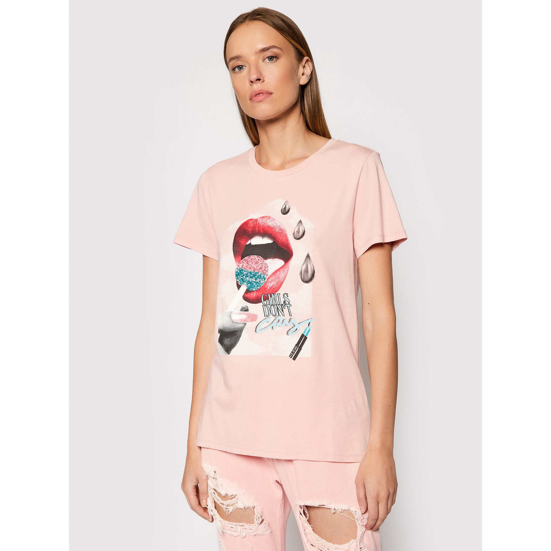Guess Тишърт Lip Glitter Pop Easy W1BI18 K9SN2 Розов Regular Fit - Pepit.bg