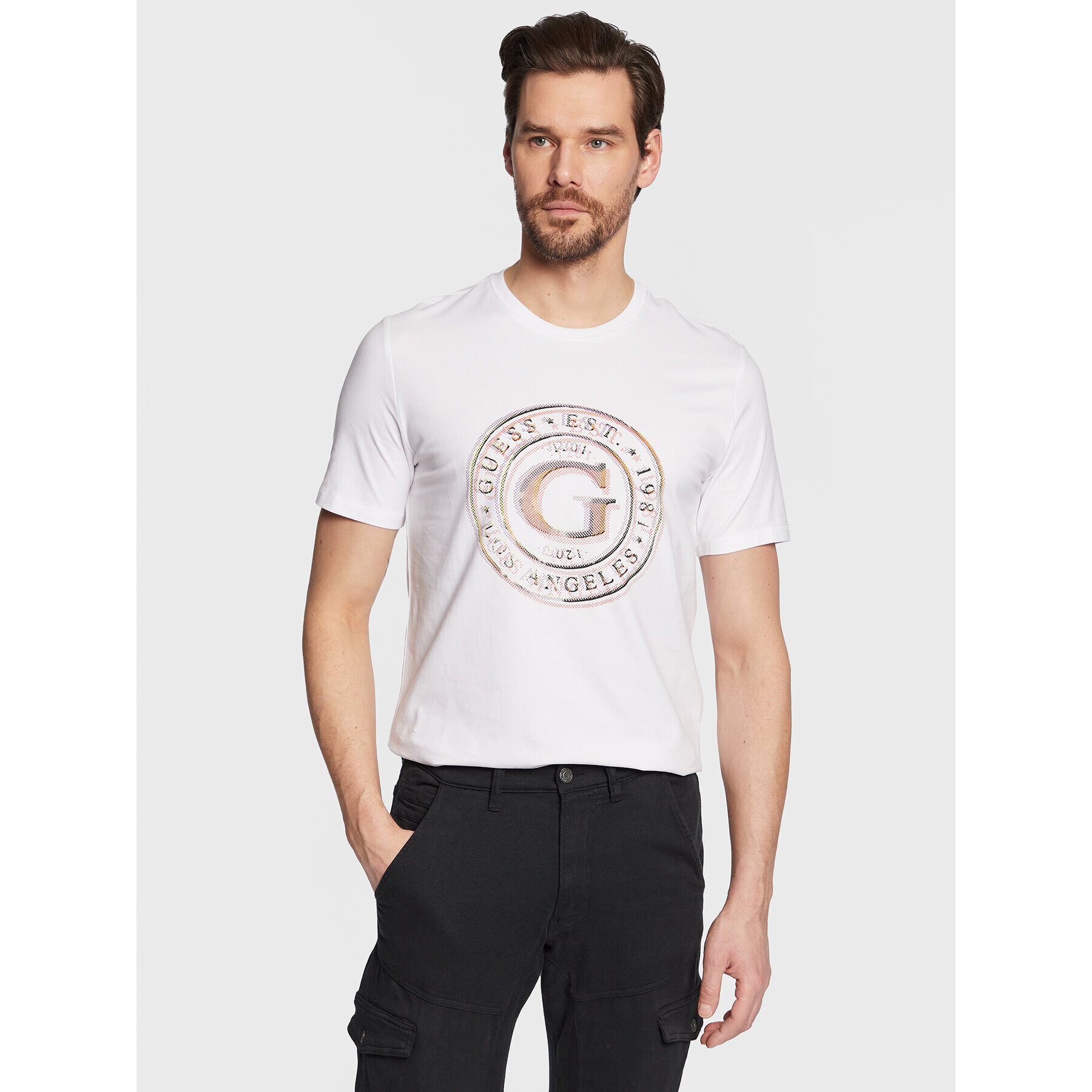 Guess Тишърт Round Logo M3GI11 J1314 Бял Slim Fit - Pepit.bg