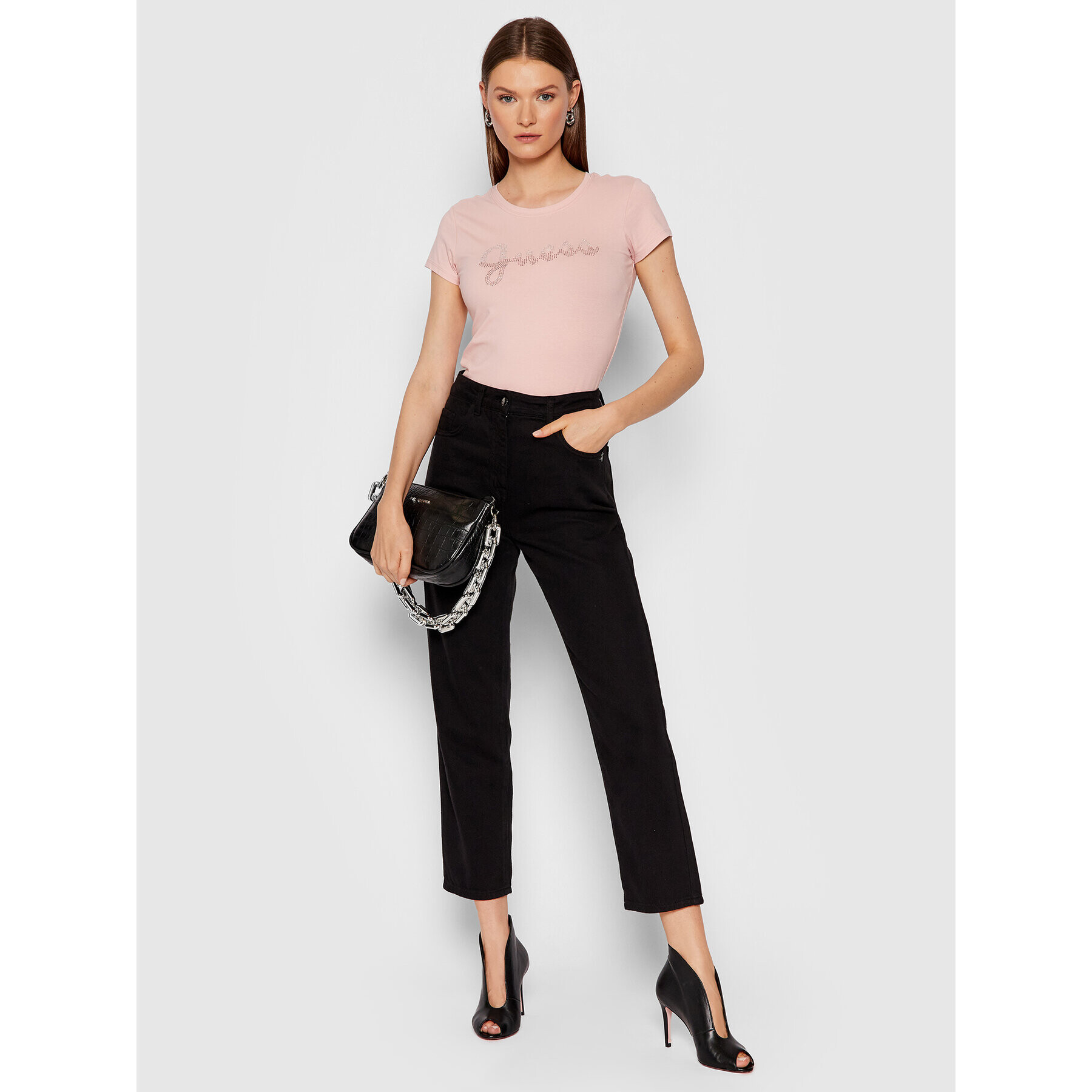 Guess Тишърт Split Script Logo W1BI22 KAKZ1 Розов Slim Fit - Pepit.bg