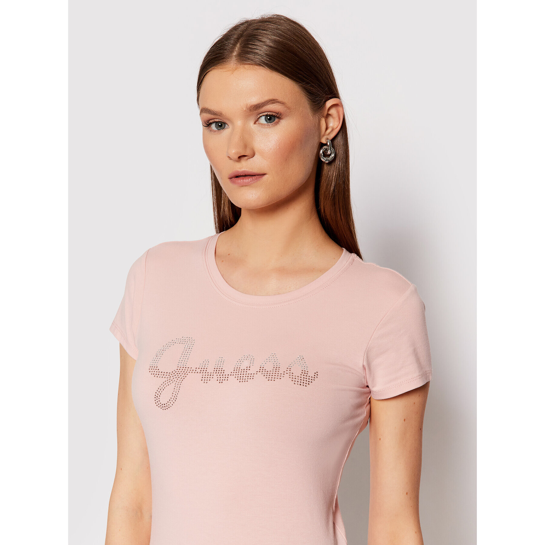 Guess Тишърт Split Script Logo W1BI22 KAKZ1 Розов Slim Fit - Pepit.bg