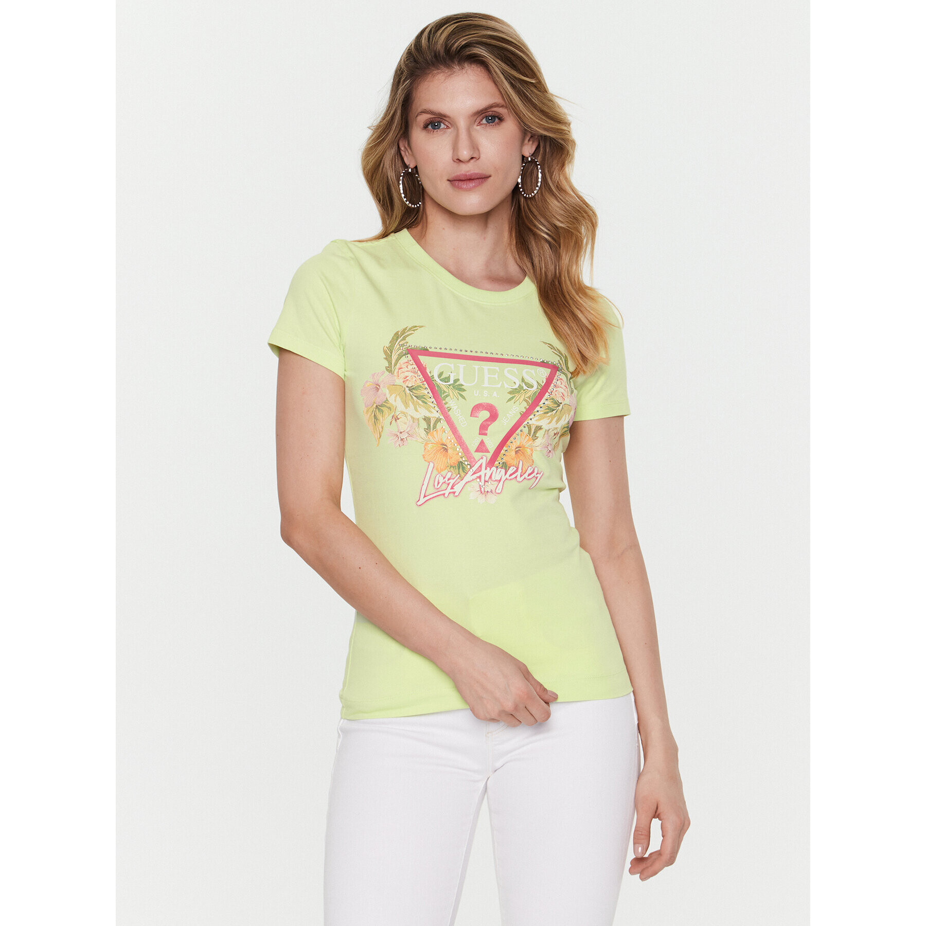 Guess Тишърт Triangle Flowers W3GI41 J1314 Зелен Slim Fit - Pepit.bg