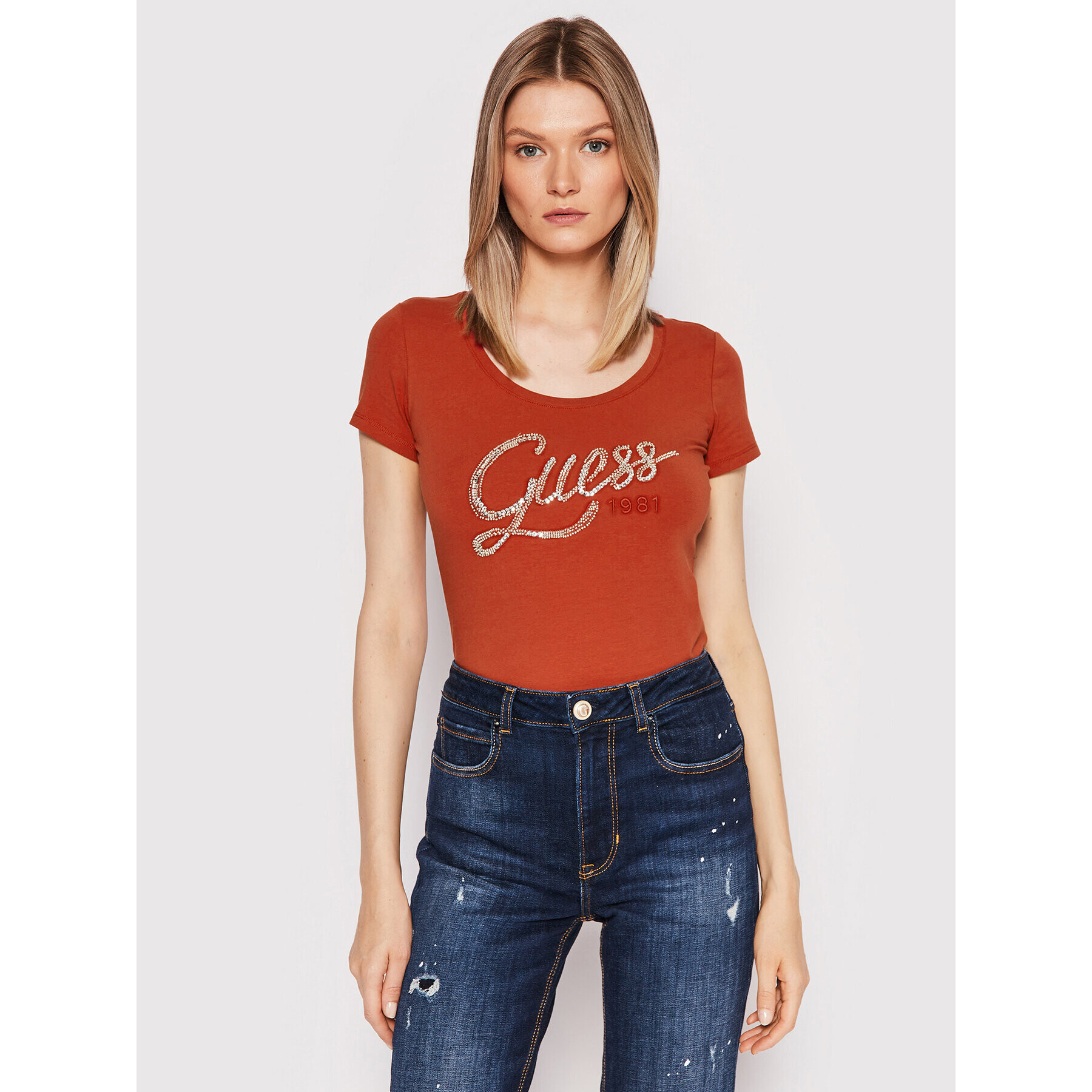 Guess Тишърт W2YI28 J1300 Оранжев Slim Fit - Pepit.bg