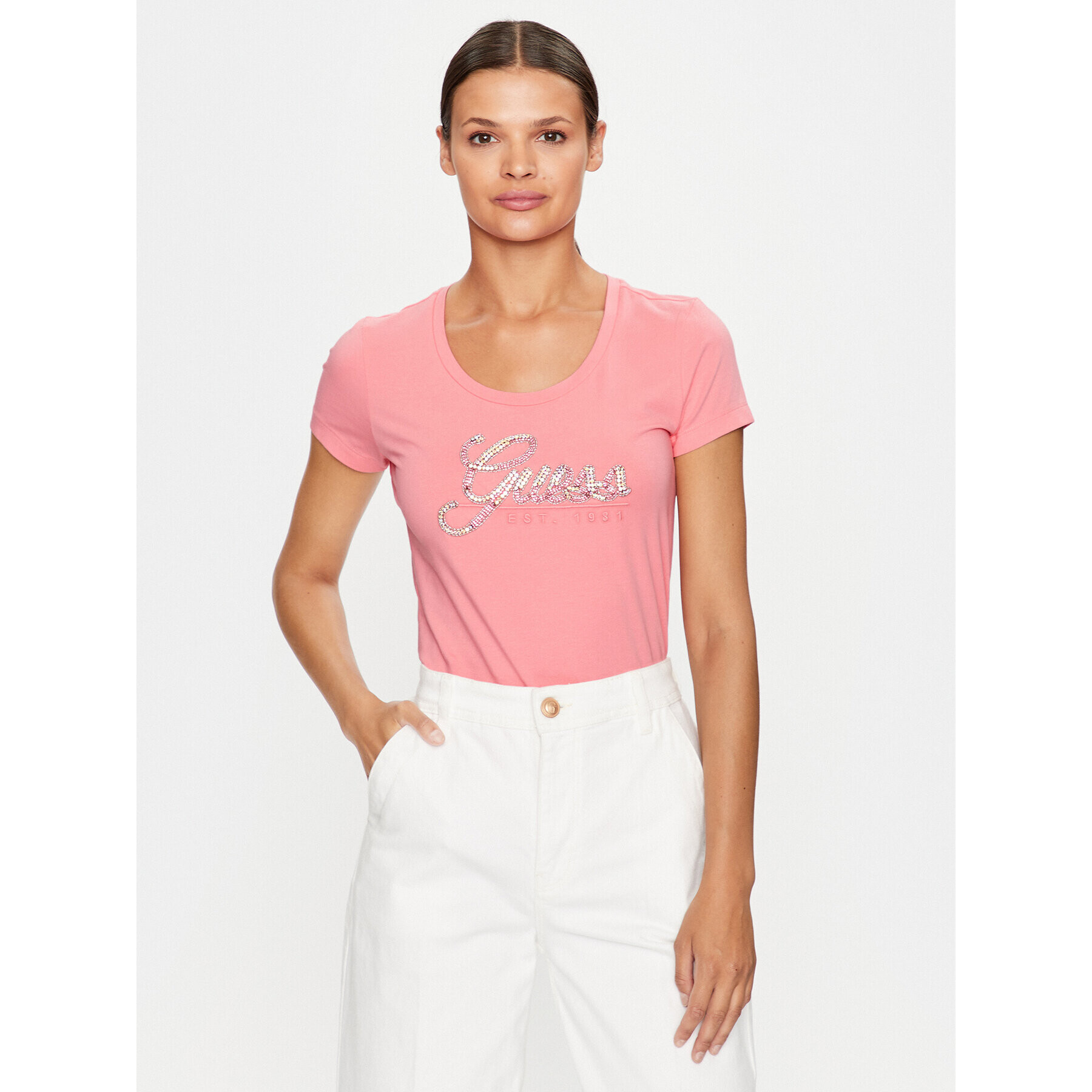 Guess Тишърт W3YI36 J1314 Розов Slim Fit - Pepit.bg