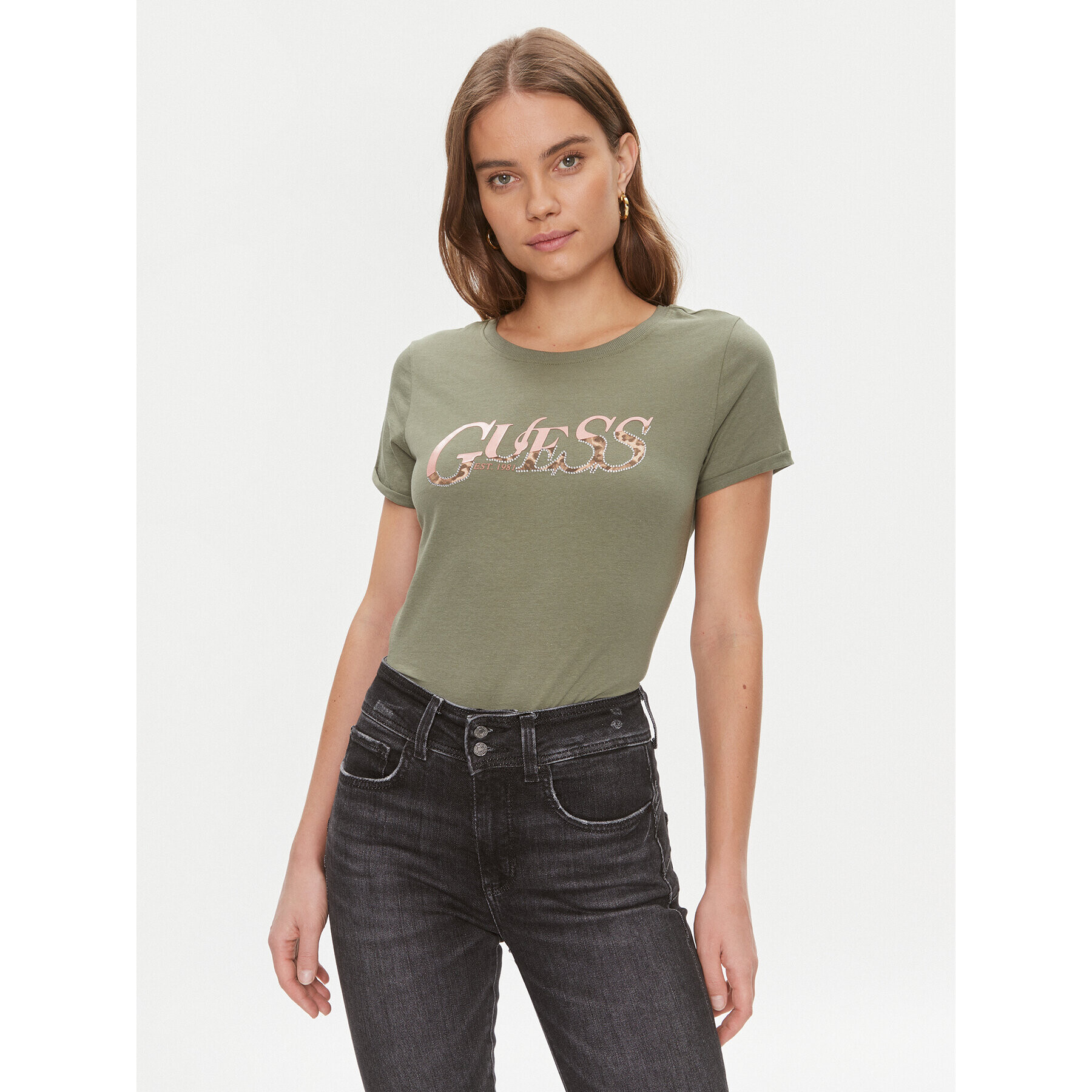 Guess Тишърт W4RI24 JA914 Зелен Regular Fit - Pepit.bg