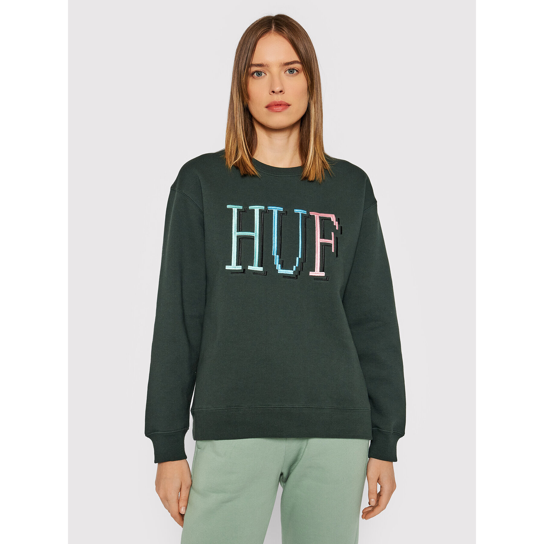 HUF Суитшърт 8-Bit Crew WPF0009 Зелен Relaxed Fit - Pepit.bg