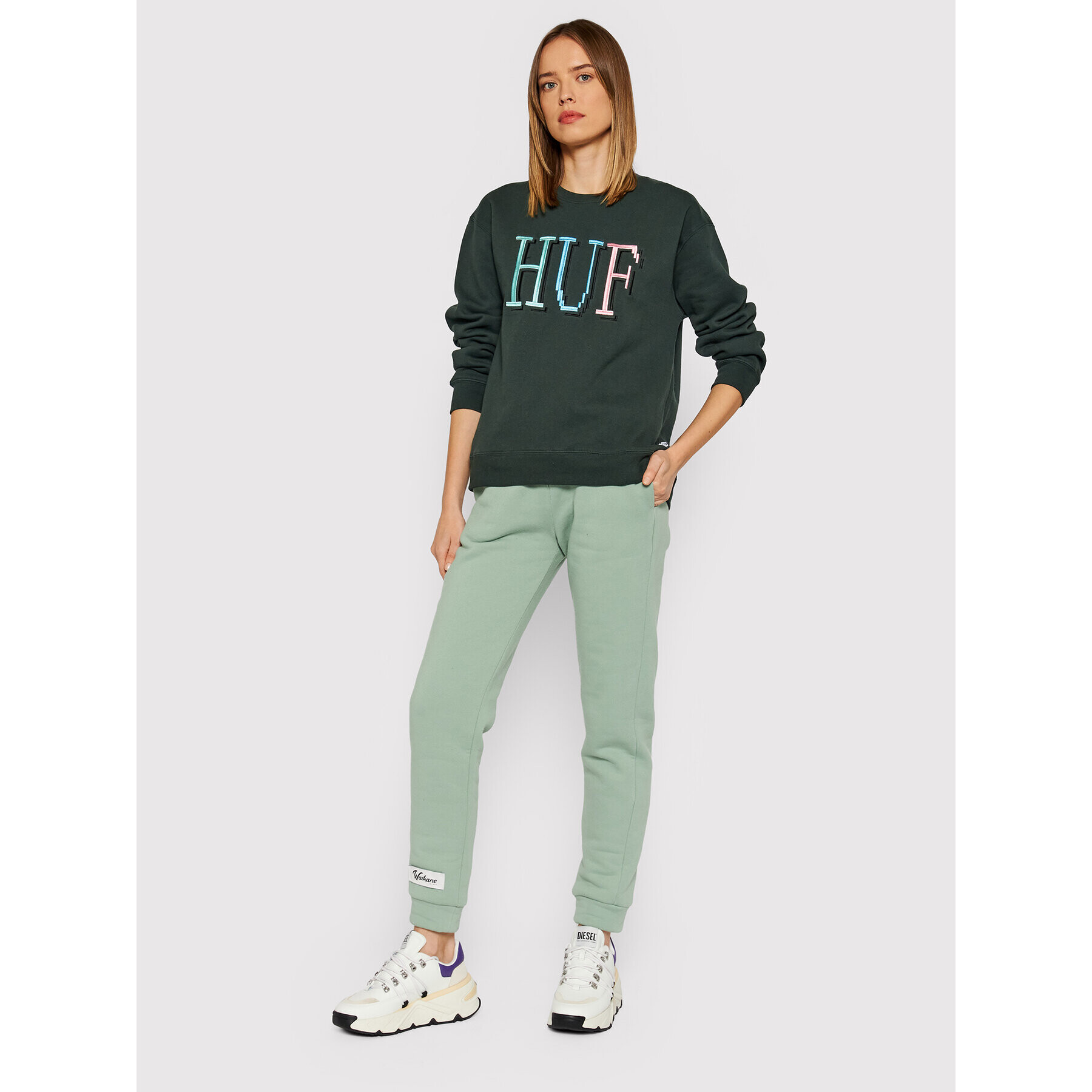 HUF Суитшърт 8-Bit Crew WPF0009 Зелен Relaxed Fit - Pepit.bg