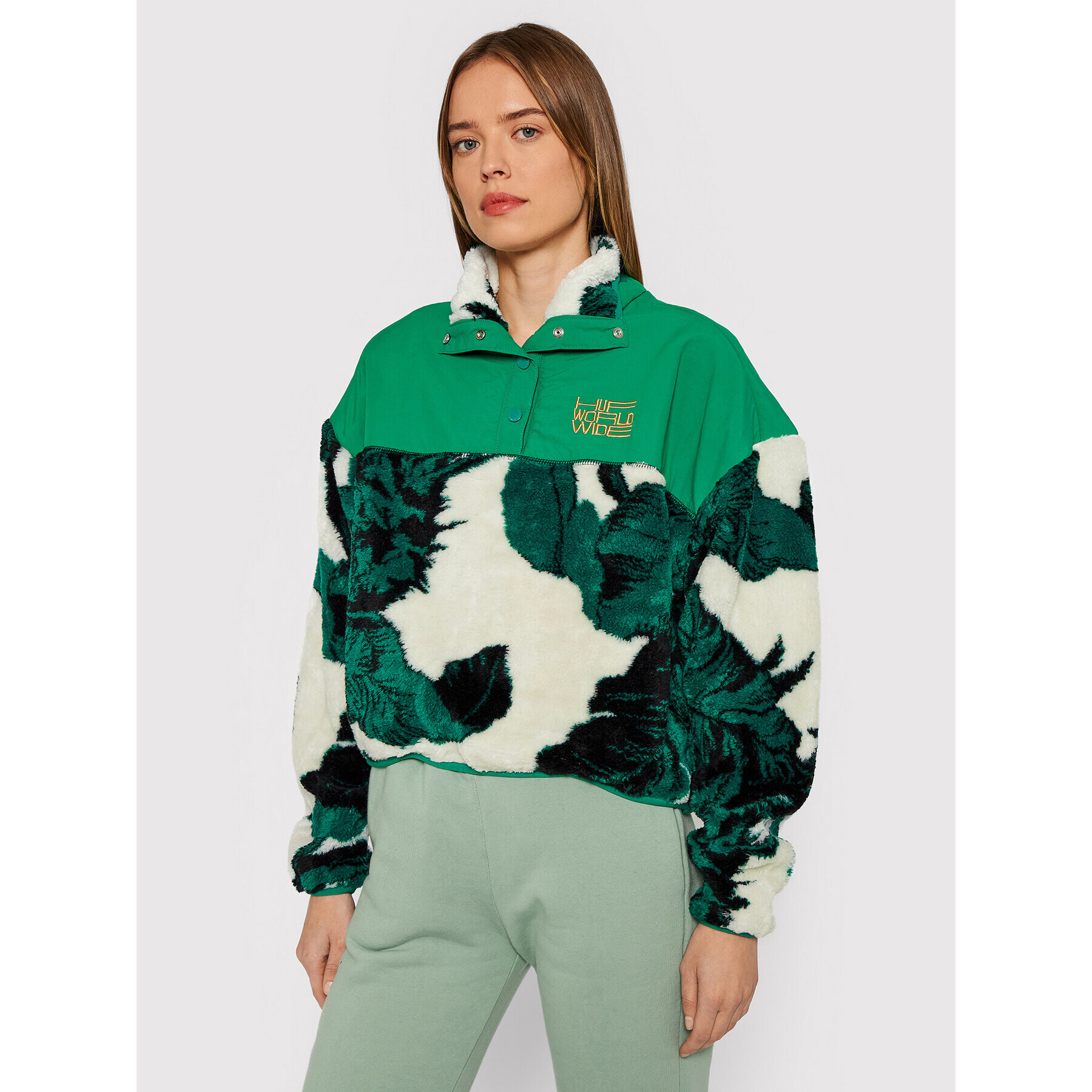 HUF Суитшърт Sativa Sherpa WFL0008 Зелен Boxy Fit - Pepit.bg