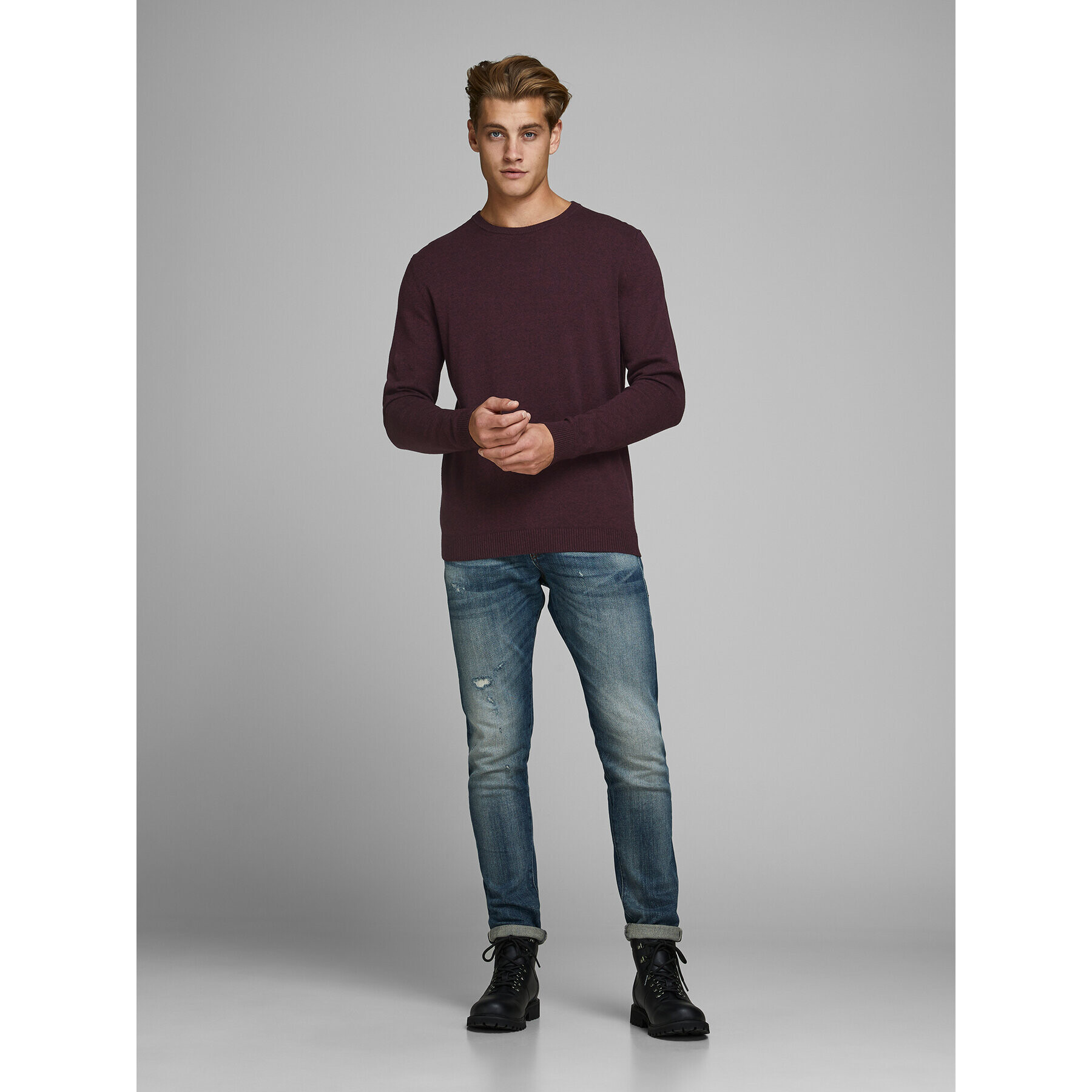 Jack&Jones Пуловер 12137190 Бордо Regular Fit - Pepit.bg