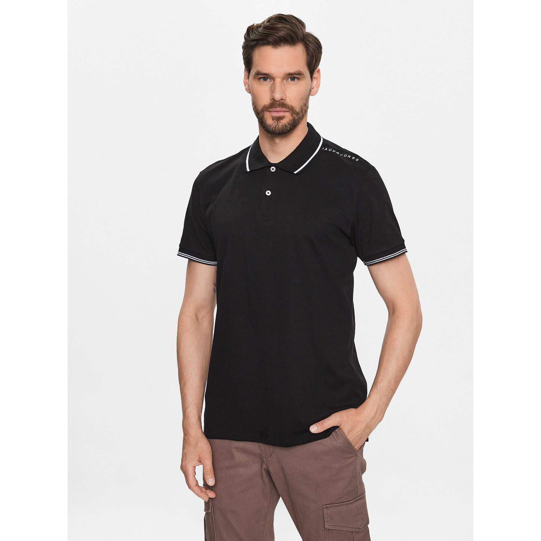 Jack&Jones Тениска с яка и копчета 12221708 Черен Regular Fit - Pepit.bg