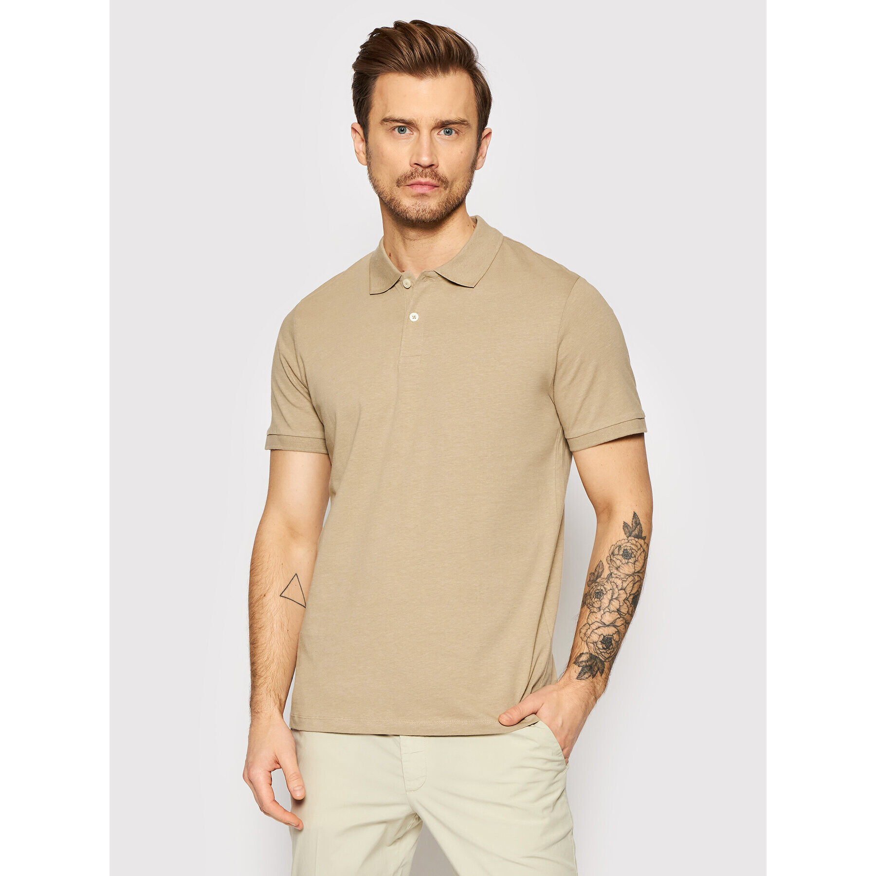 Jack&Jones Тениска с яка и копчета Linen Basic 12199714 Кафяв Regular Fit - Pepit.bg