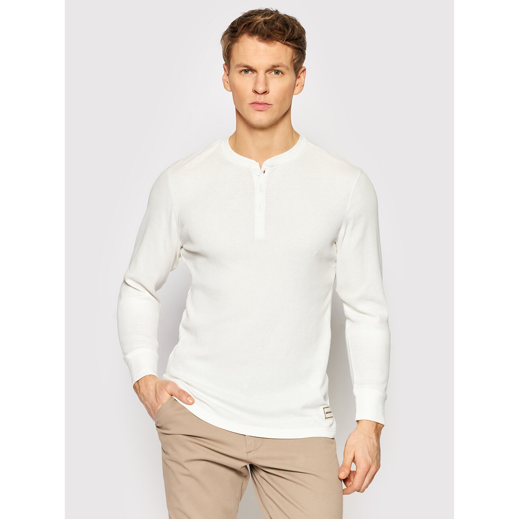 Jack&Jones Тениска с яка и копчета Henrik Henley 12188377 Бял Regular Fit - Pepit.bg