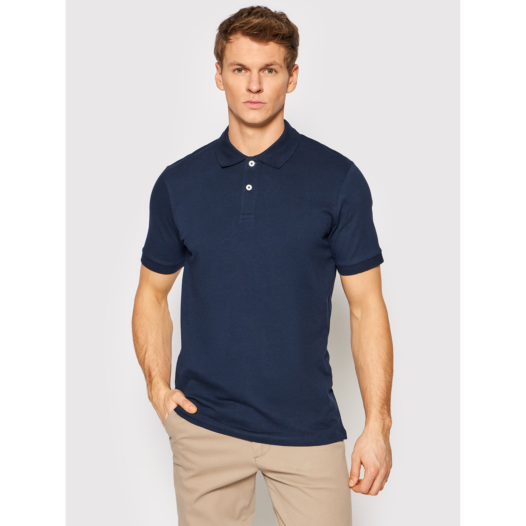 Jack&Jones Тениска с яка и копчета Linen Basic 12199714 Тъмносин Regular Fit - Pepit.bg