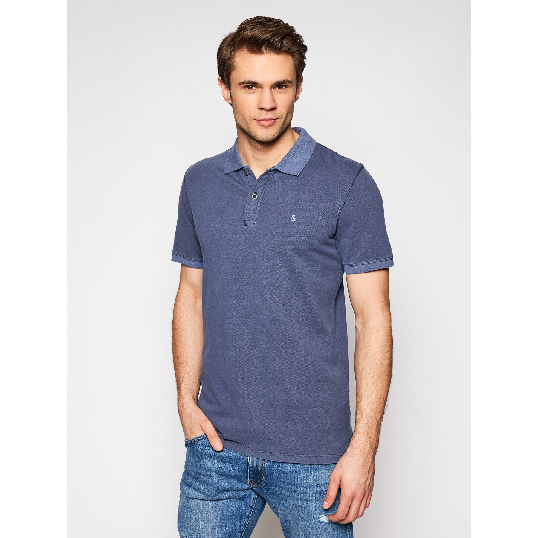 Jack&Jones Тениска с яка и копчета Washed Polo 12180890 Тъмносин Slim Fit - Pepit.bg