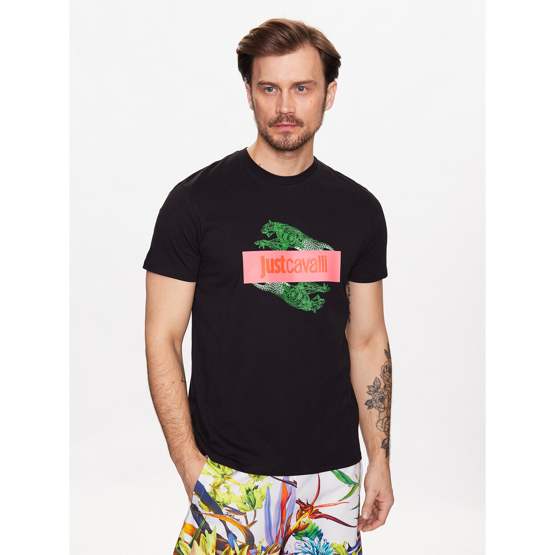 Just Cavalli Тишърт 74OBHF08 Черен Regular Fit - Pepit.bg