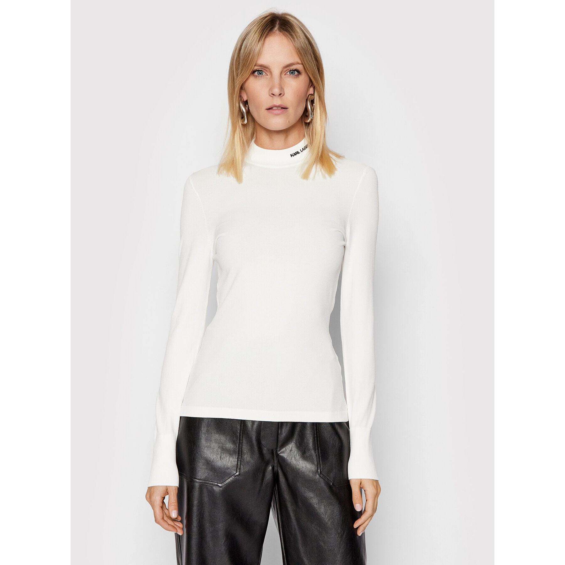 KARL LAGERFELD Пуловер Logo Mock 216W2010 Бял Slim Fit - Pepit.bg