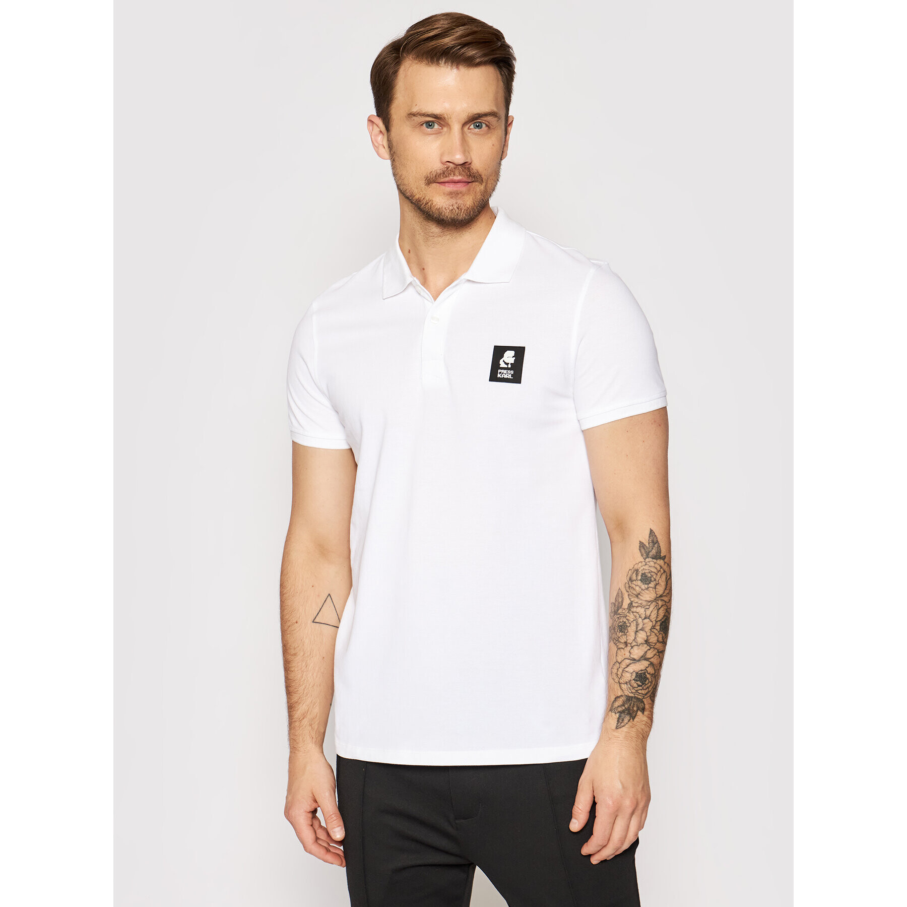 KARL LAGERFELD Тениска с яка и копчета Basic KL21MPL01 Бял Regular Fit - Pepit.bg