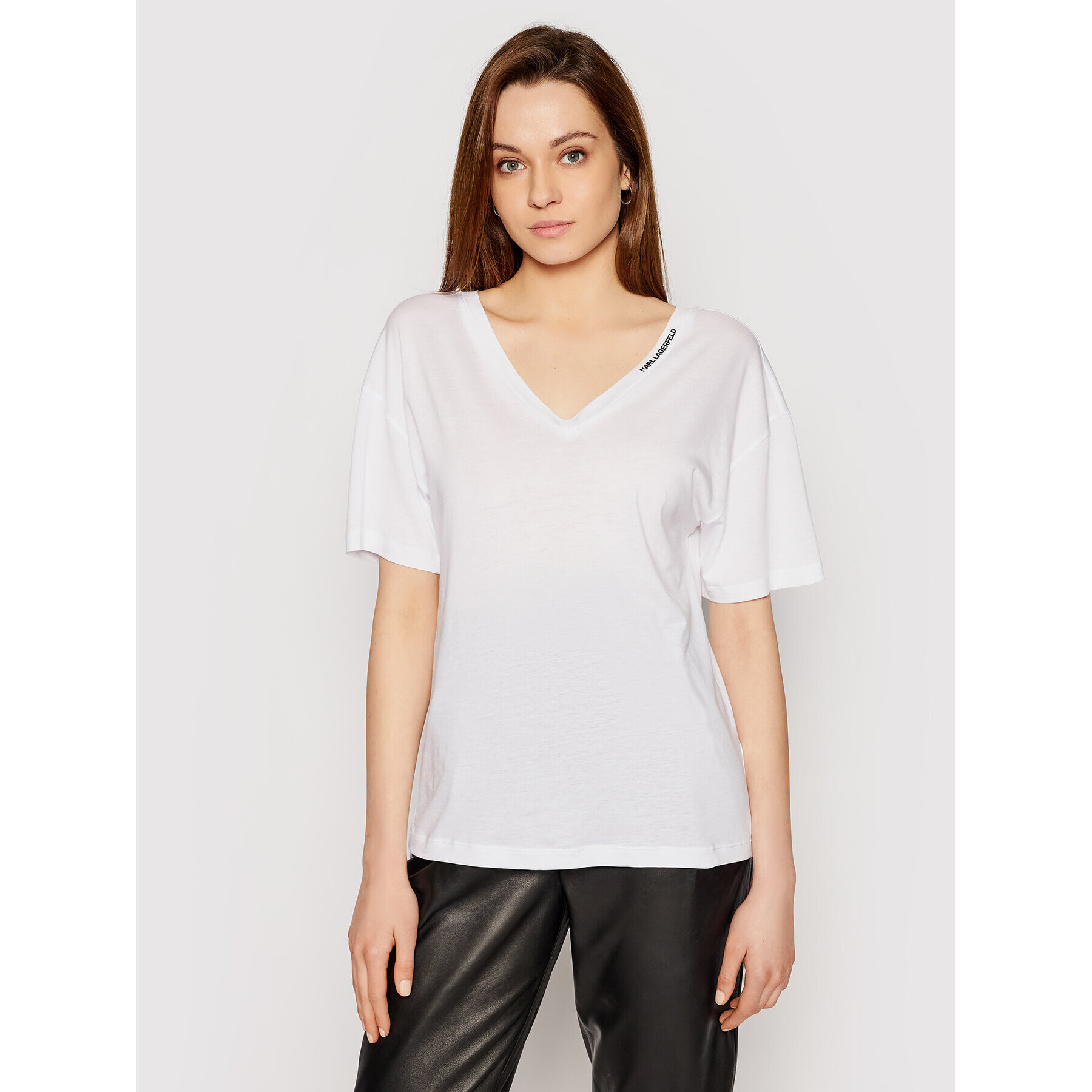 KARL LAGERFELD Тишърт Double V Neck 211W1701 Бял Regular Fit - Pepit.bg