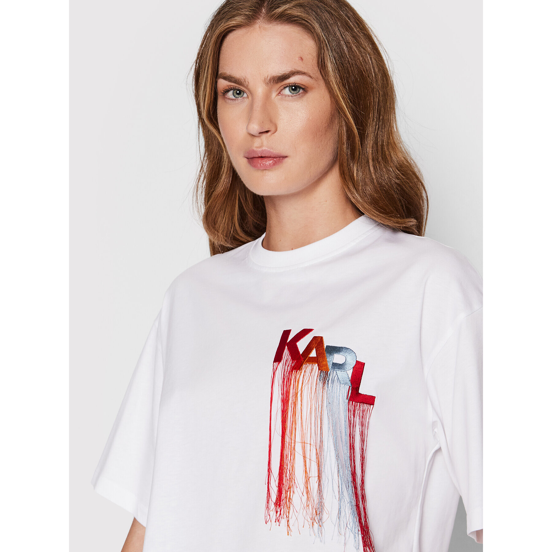 KARL LAGERFELD Тишърт Fringe Logo 221W1707 Бял Relaxed Fit - Pepit.bg